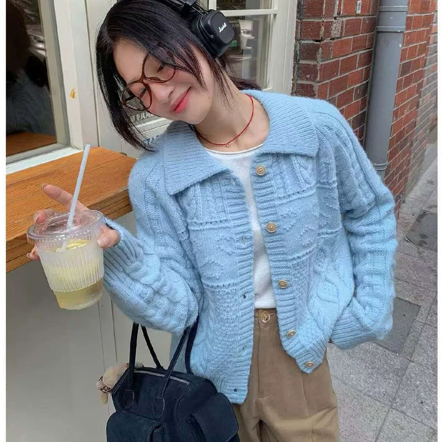 한 부서 다용도 미니멀리즘 느긋한 바람 폴로 칼라 니트 오픈 가디건 여성 단색 단추 스웨터 코트 작은 키 슬림해 보이는 여성 상세 이미지 4