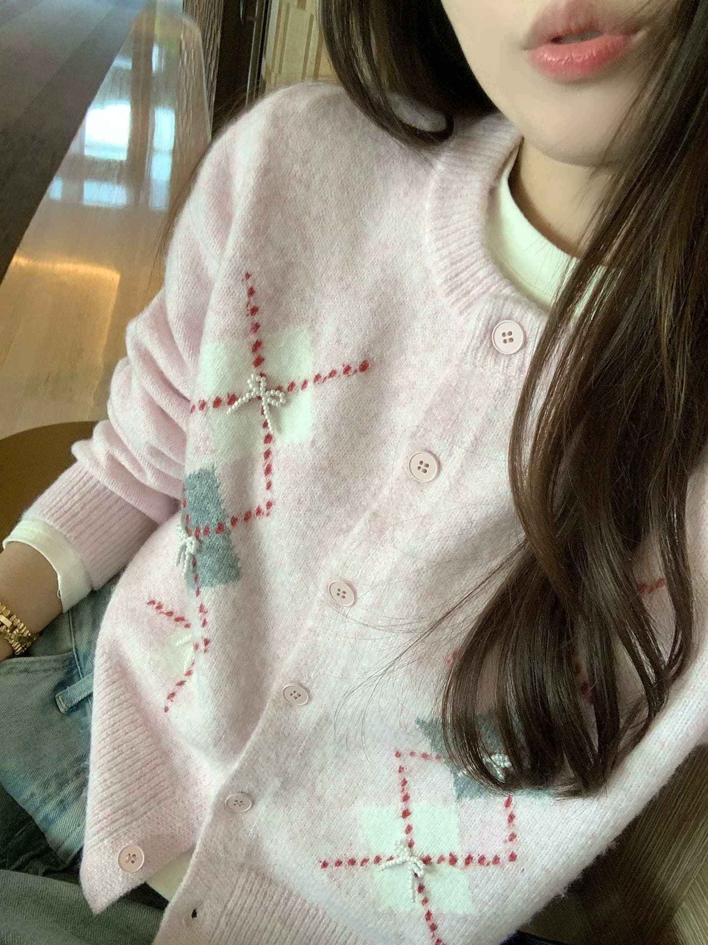 한 부서 핑크색 링 그리드 스웨터 여성 코트 가을 루즈핏 슬림해 보이는 달콤함 품격 연령 감소 니트 맨위 이미지 4