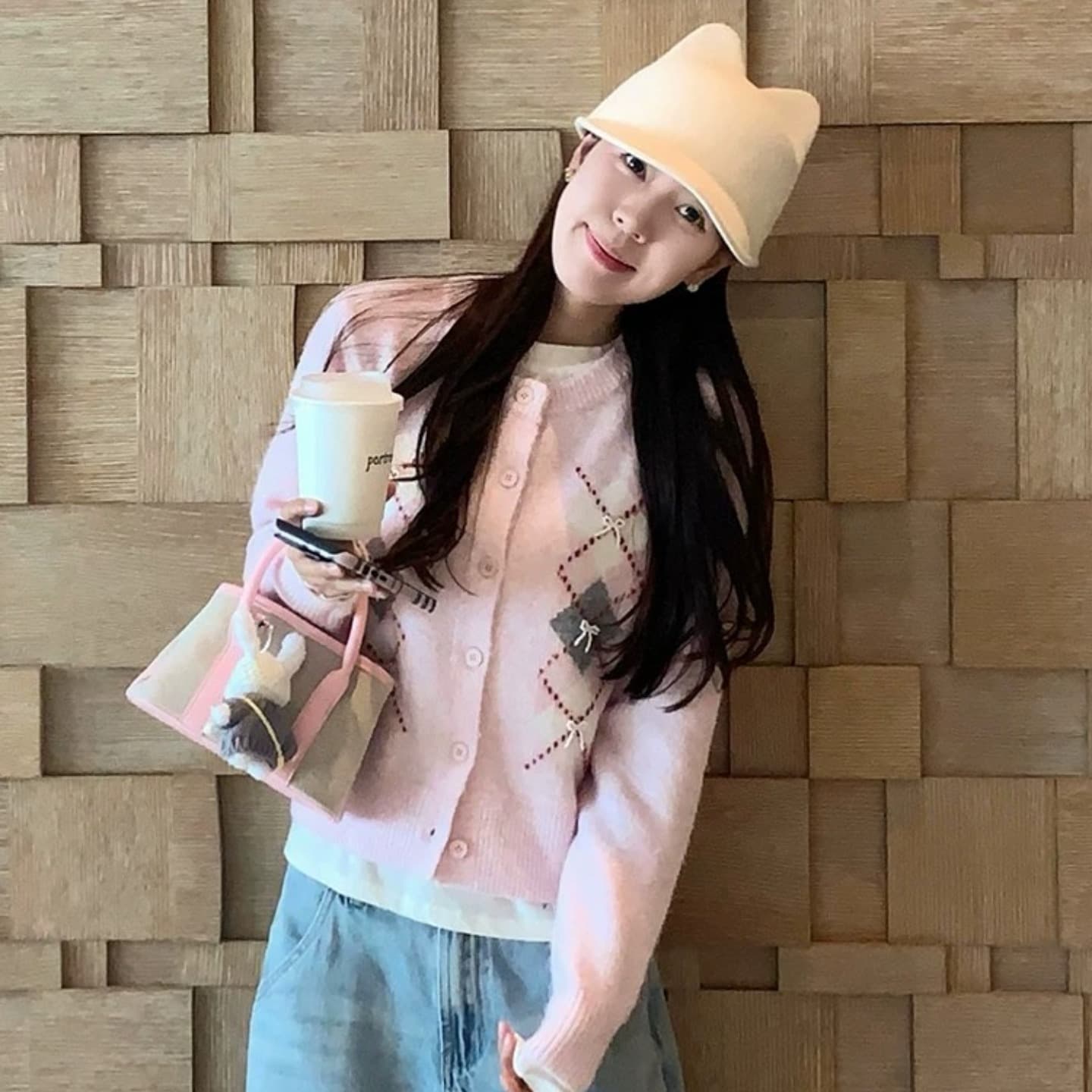 한 부서 핑크색 링 그리드 스웨터 여성 코트 가을 루즈핏 슬림해 보이는 달콤함 품격 연령 감소 니트 맨위 이미지 2