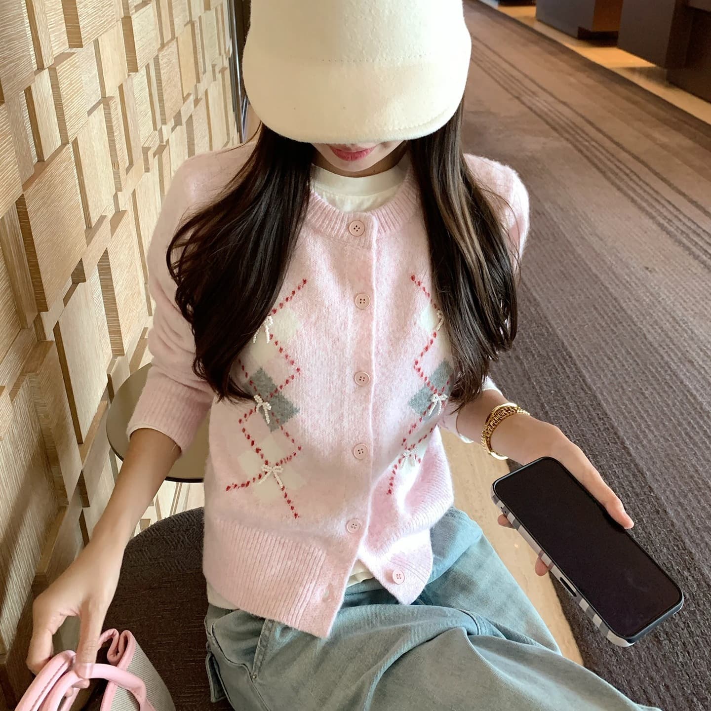 한 부서 핑크색 링 그리드 스웨터 여성 코트 가을 루즈핏 슬림해 보이는 달콤함 품격 연령 감소 니트 맨위 이미지 6