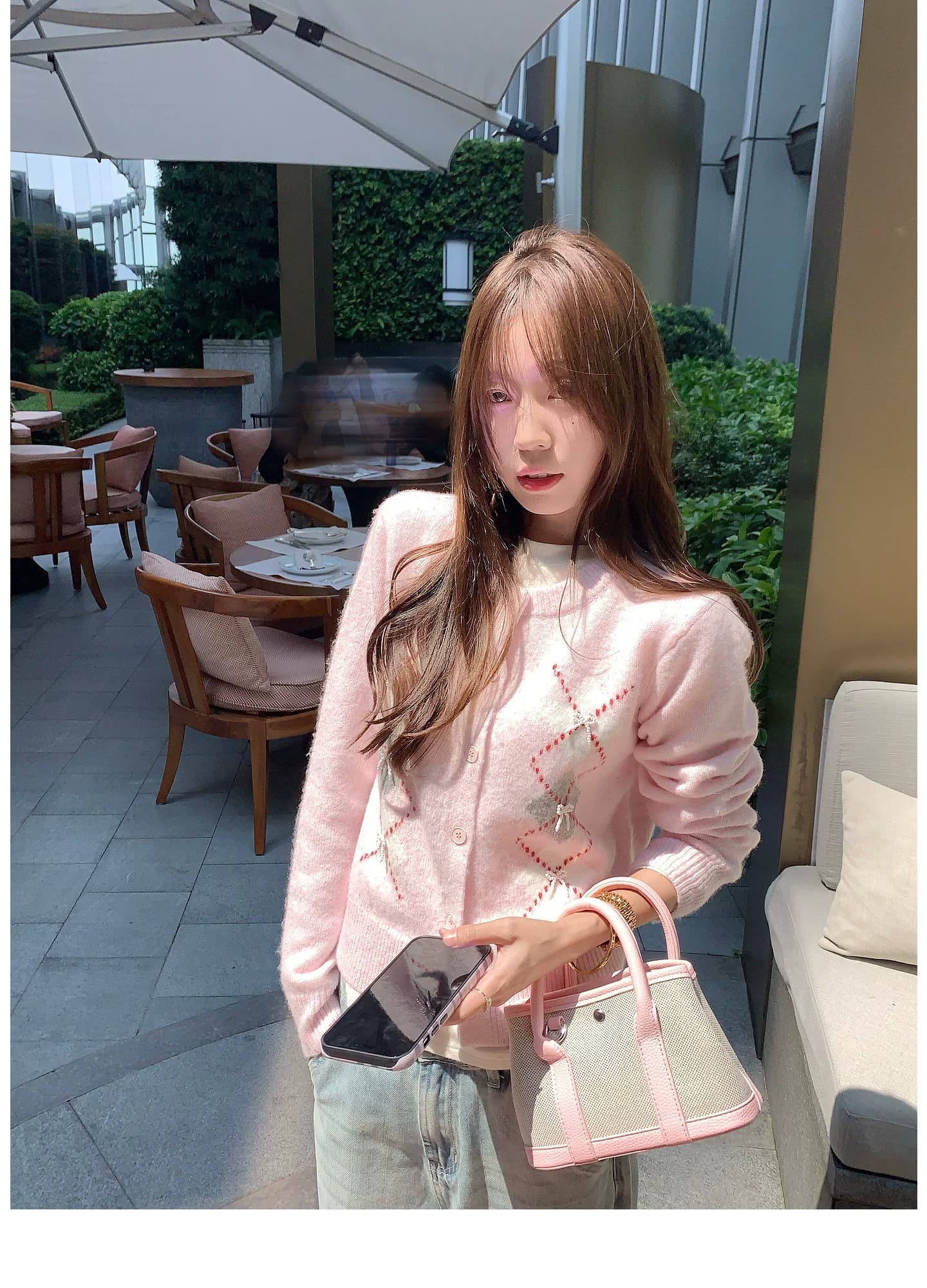 한 부서 핑크색 링 그리드 스웨터 여성 코트 가을 루즈핏 슬림해 보이는 달콤함 품격 연령 감소 니트 맨위 상세 이미지 4