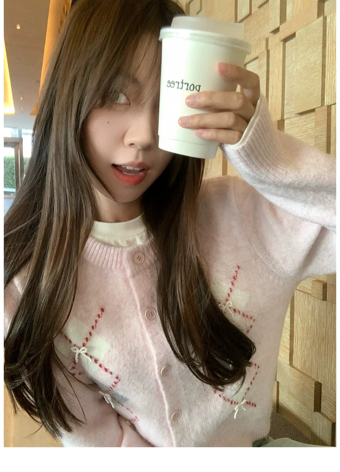 한 부서 핑크색 링 그리드 스웨터 여성 코트 가을 루즈핏 슬림해 보이는 달콤함 품격 연령 감소 니트 맨위 상세 이미지 5