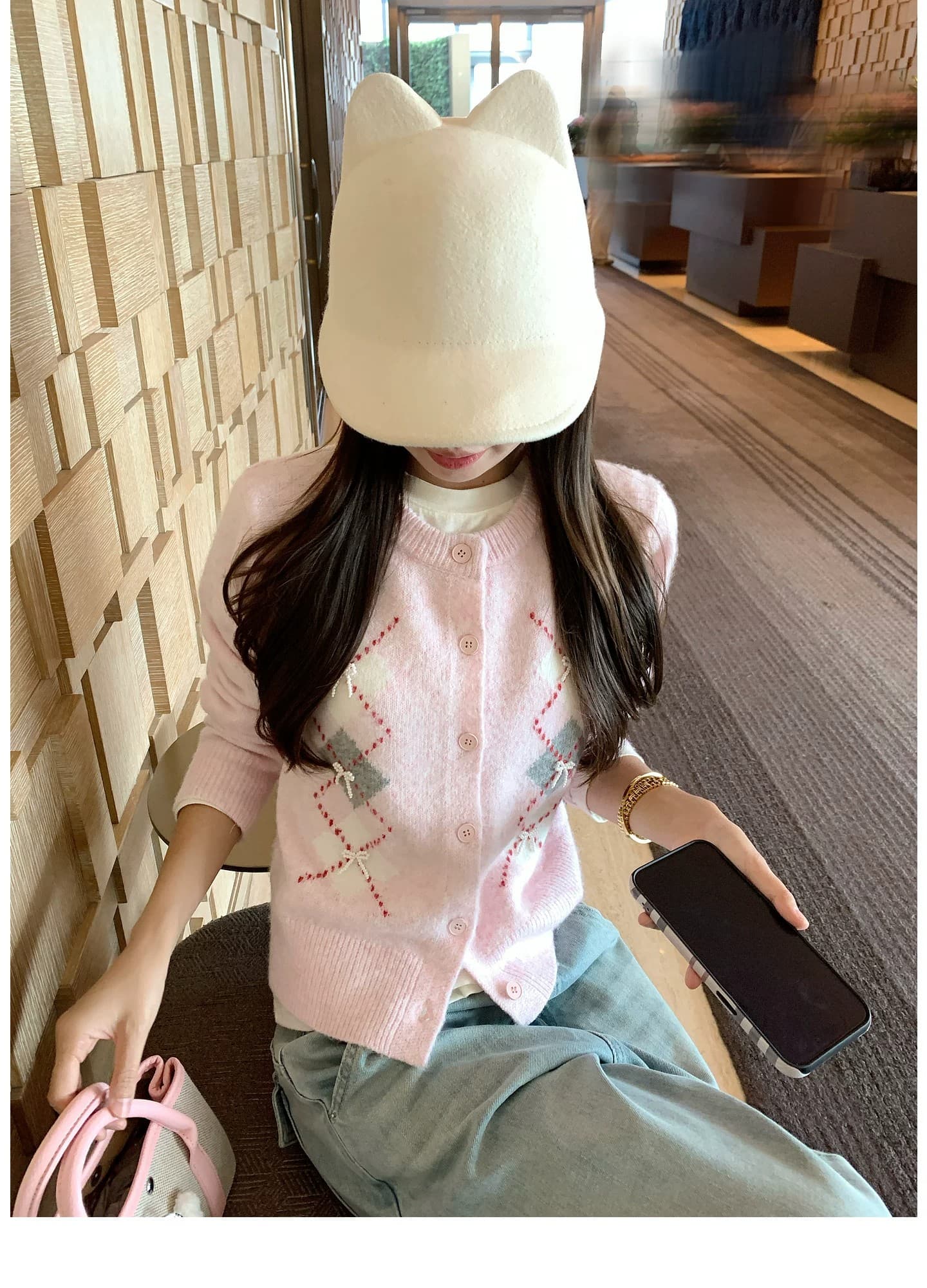 한 부서 핑크색 링 그리드 스웨터 여성 코트 가을 루즈핏 슬림해 보이는 달콤함 품격 연령 감소 니트 맨위 상세 이미지 6