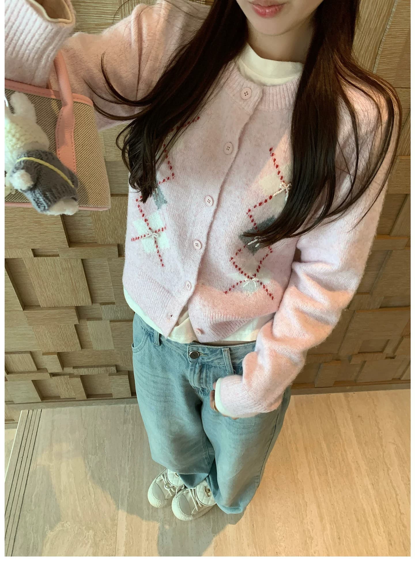 한 부서 핑크색 링 그리드 스웨터 여성 코트 가을 루즈핏 슬림해 보이는 달콤함 품격 연령 감소 니트 맨위 상세 이미지 12