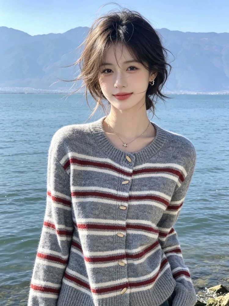분위기 센스 스트라이프 스웨터 여자 2026 가을 겨울 새로운 느긋한 바람 배색 니트 오픈 가디건 부드러운 찹쌀 맨위 재킷 트렌디 상세 이미지 4