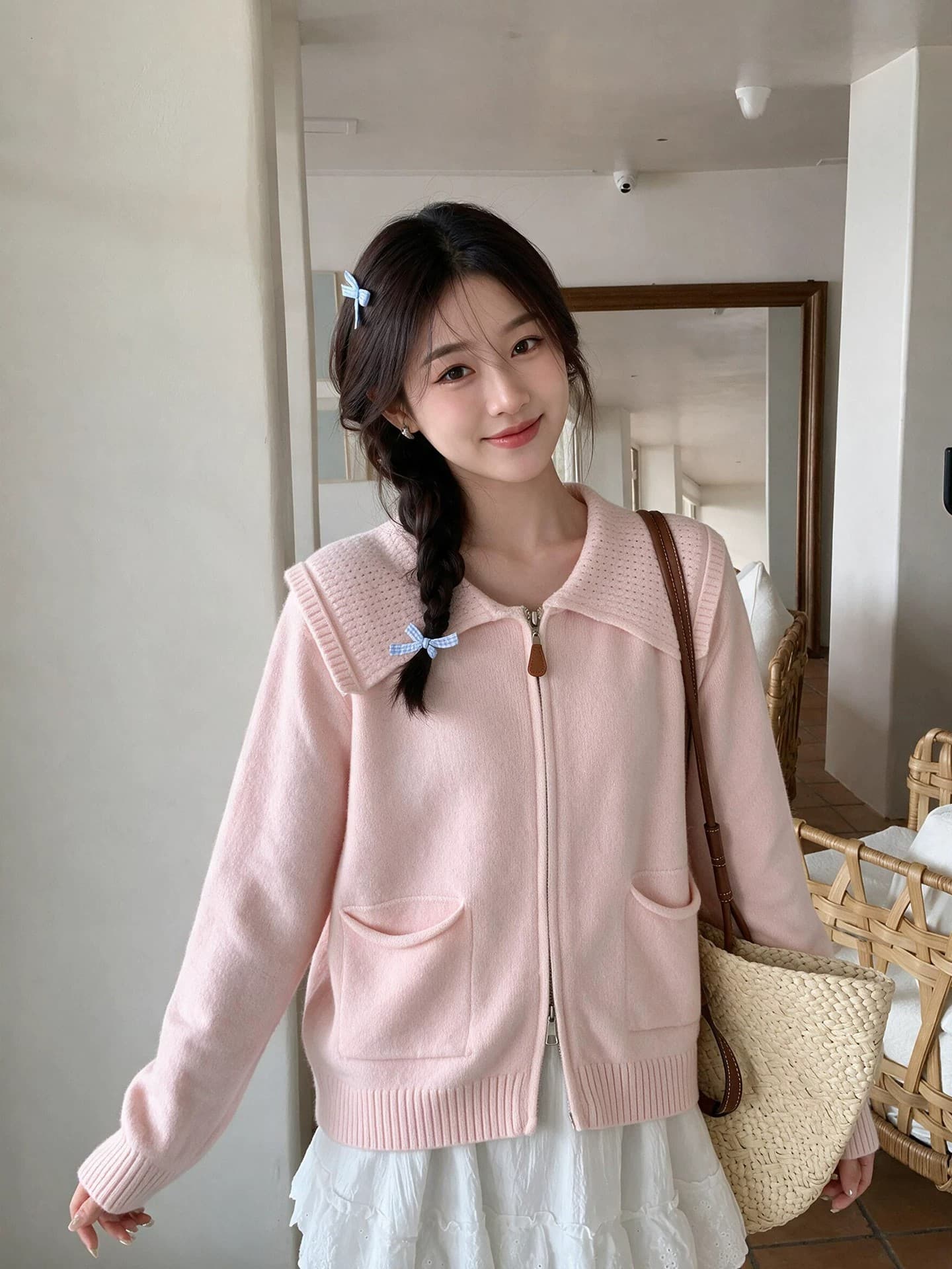 한 부서 회색 폴로 칼라 더블 지퍼 스웨터 여성 코트 가을 새로운 부드러운 찹쌀 다용도 니트 오픈 가디건 가을 겨울 맨위 이미지 4