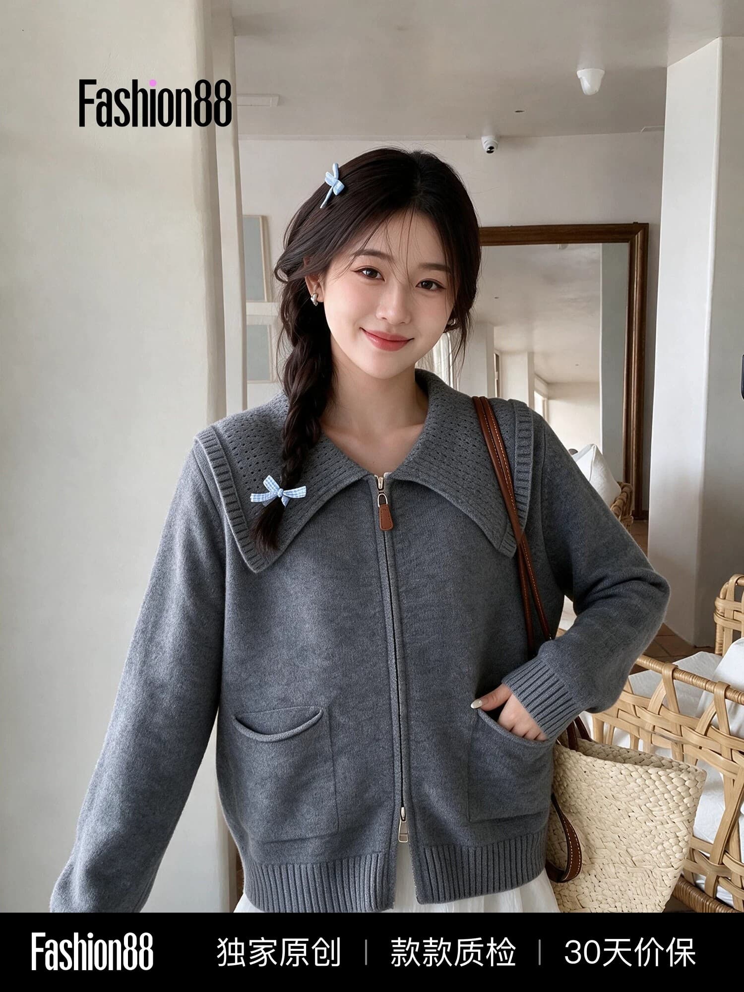 한 부서 회색 폴로 칼라 더블 지퍼 스웨터 여성 코트 가을 새로운 부드러운 찹쌀 다용도 니트 오픈 가디건 가을 겨울 맨위 이미지 2