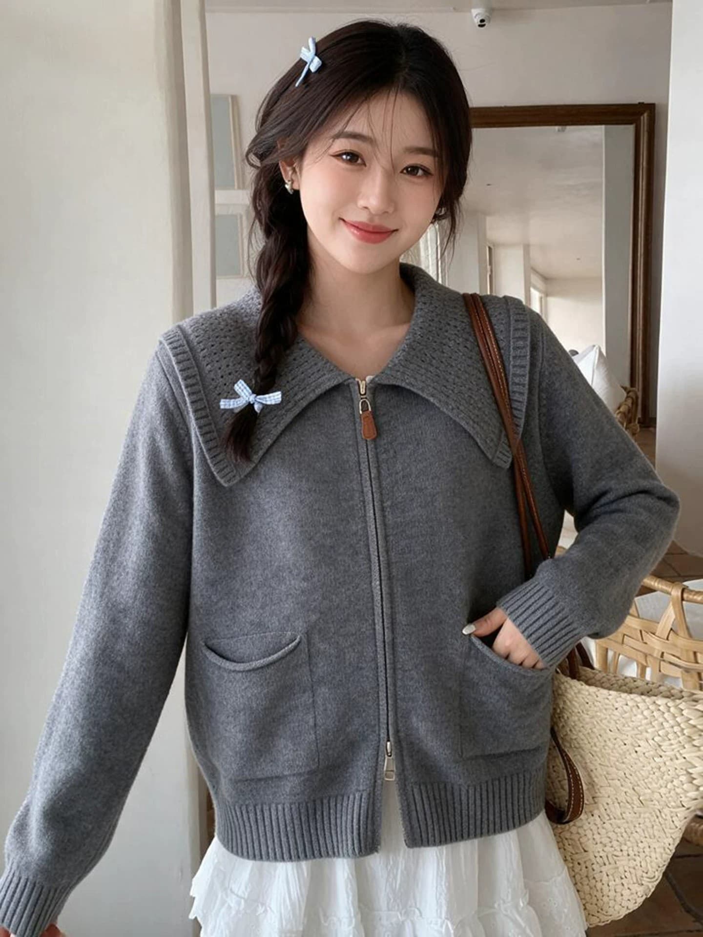 한 부서 회색 폴로 칼라 더블 지퍼 스웨터 여성 코트 가을 새로운 부드러운 찹쌀 다용도 니트 오픈 가디건 가을 겨울 맨위 이미지 3