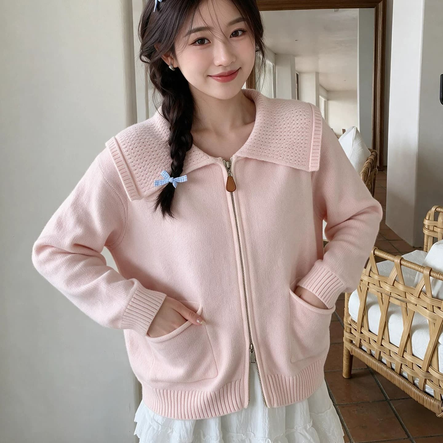 한 부서 회색 폴로 칼라 더블 지퍼 스웨터 여성 코트 가을 새로운 부드러운 찹쌀 다용도 니트 오픈 가디건 가을 겨울 맨위 이미지 5