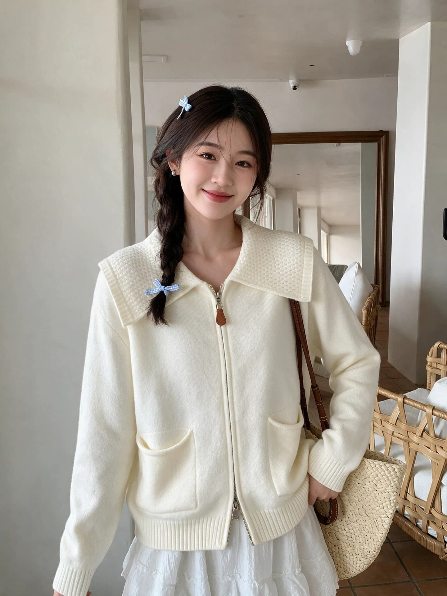 한 부서 회색 폴로 칼라 더블 지퍼 스웨터 여성 코트 가을 새로운 부드러운 찹쌀 다용도 니트 오픈 가디건 가을 겨울 맨위 상세 이미지 1