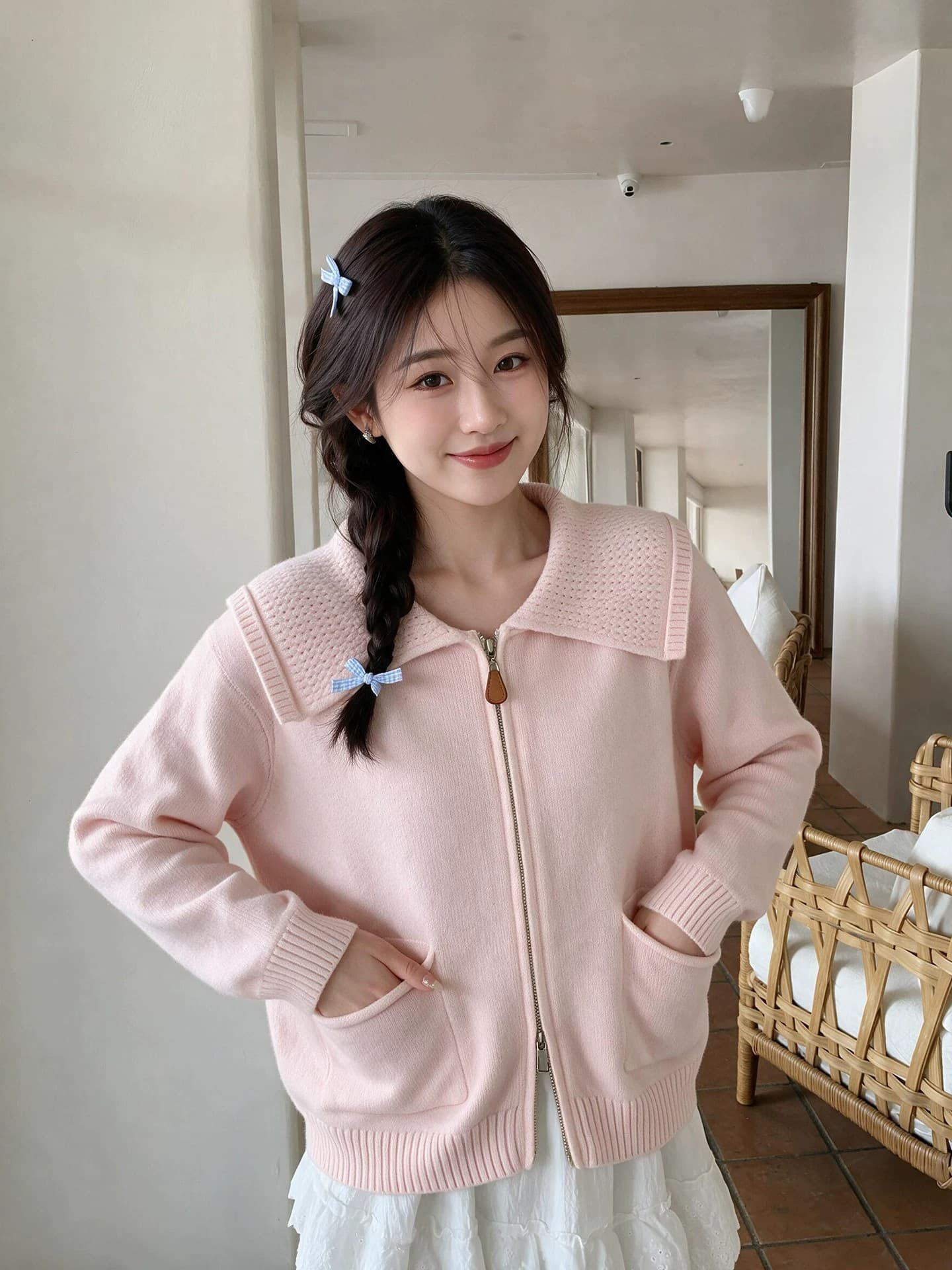 한 부서 회색 폴로 칼라 더블 지퍼 스웨터 여성 코트 가을 새로운 부드러운 찹쌀 다용도 니트 오픈 가디건 가을 겨울 맨위 상세 이미지 4