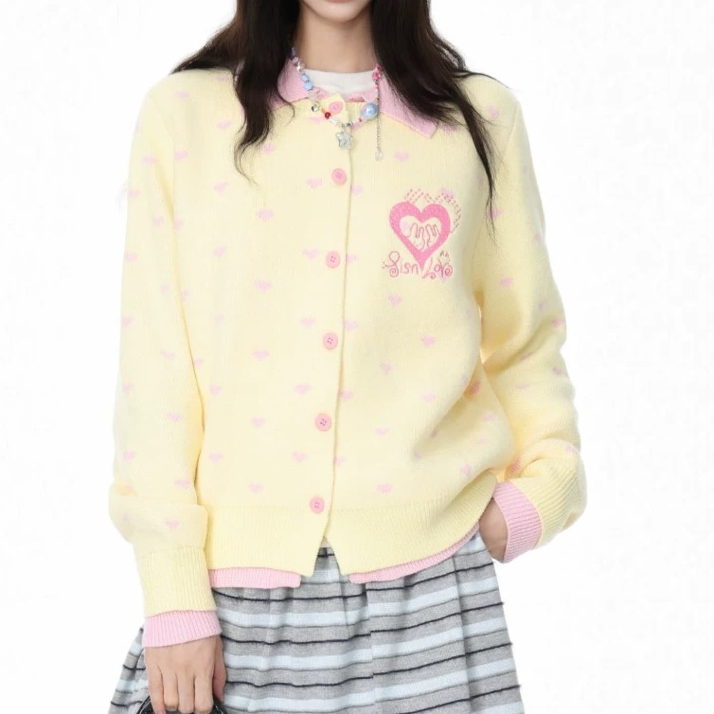 한 부서 하트 패치워크 색상 달콤함 polo 폴로 칼라 이른 가을 여성 스웨터 니트 캐주얼 카디건 코트