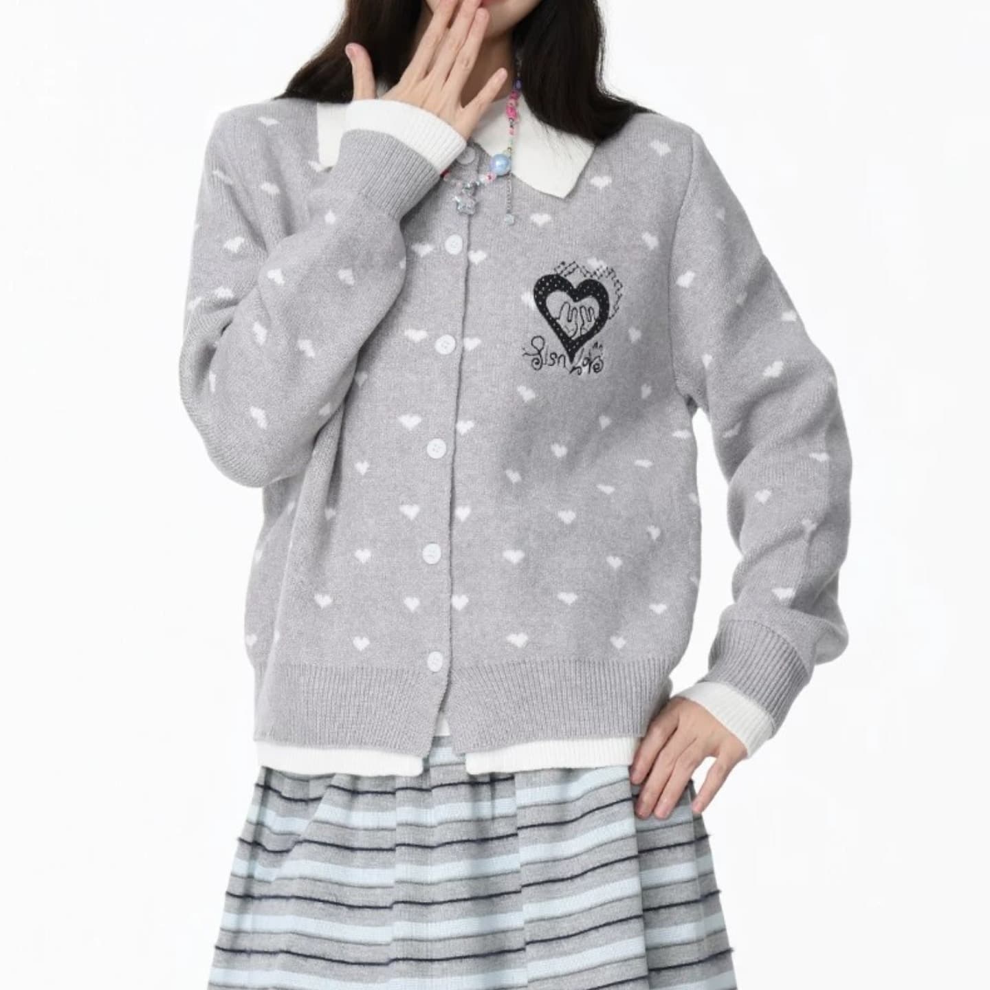 한 부서 하트 패치워크 색상 달콤함 polo 폴로 칼라 이른 가을 여성 스웨터 니트 캐주얼 카디건 코트 이미지 2