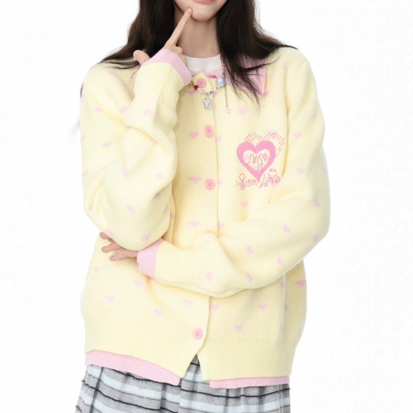 한 부서 하트 패치워크 색상 달콤함 polo 폴로 칼라 이른 가을 여성 스웨터 니트 캐주얼 카디건 코트 이미지 3