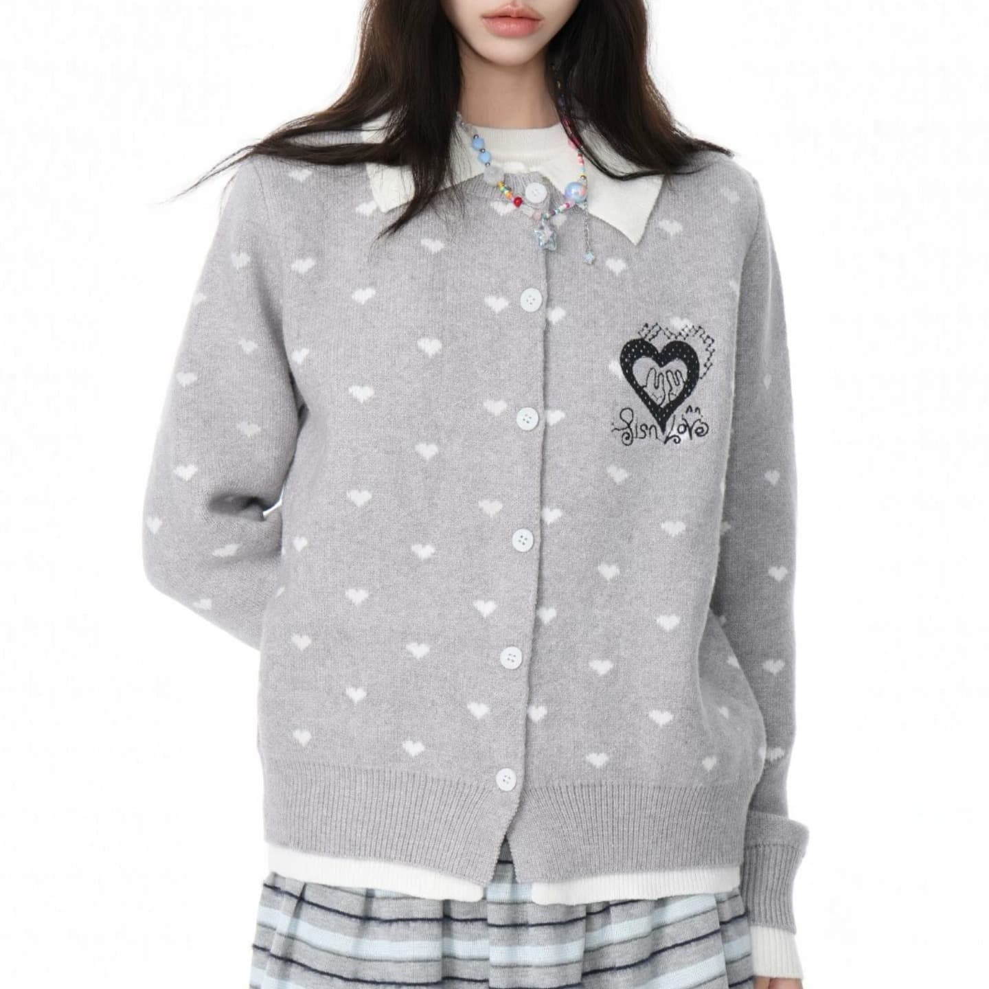 한 부서 하트 패치워크 색상 달콤함 polo 폴로 칼라 이른 가을 여성 스웨터 니트 캐주얼 카디건 코트 이미지 4