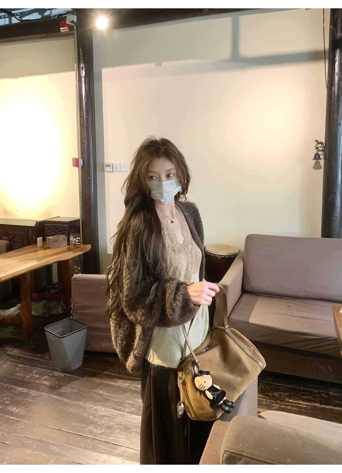 느긋한 플리스 니트 오픈 가디건 여성 루즈핏 대 프로필 모양 부드러운 찹쌀 스웨터 코트 상세 이미지 10