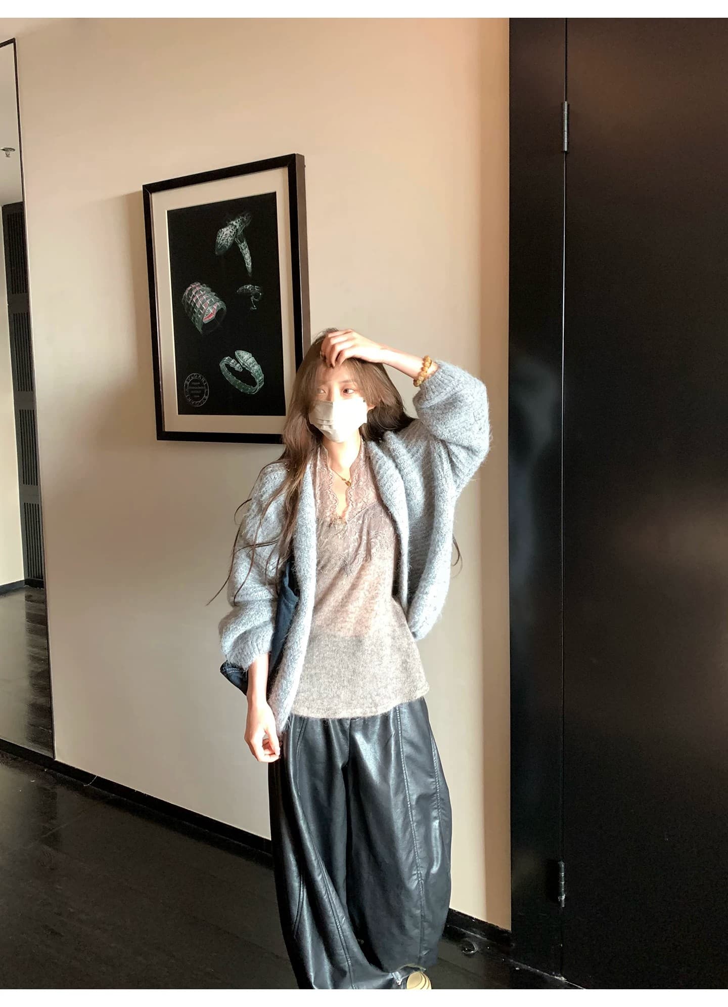 느긋한 플리스 니트 오픈 가디건 여성 루즈핏 대 프로필 모양 부드러운 찹쌀 스웨터 코트 상세 이미지 20