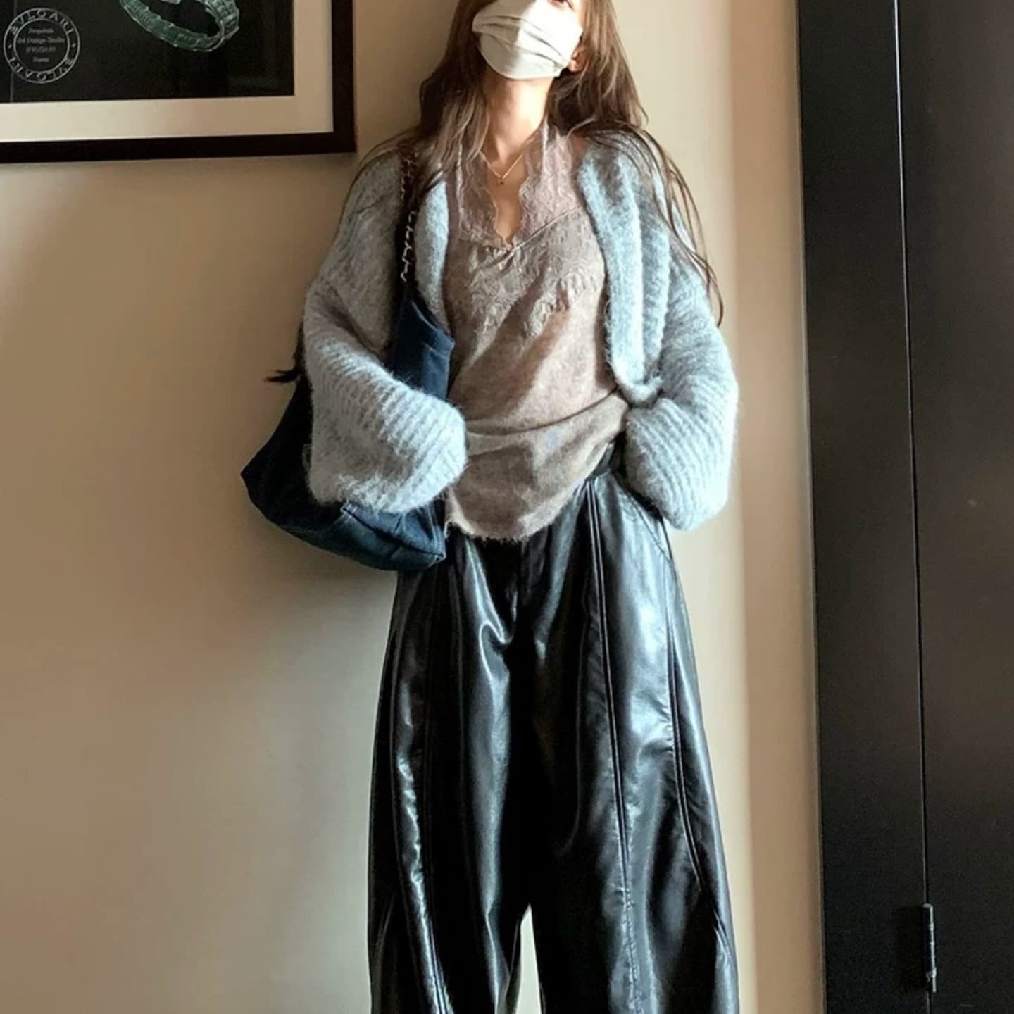 느긋한 플리스 니트 오픈 가디건 여성 루즈핏 대 프로필 모양 부드러운 찹쌀 스웨터 코트 이미지 3
