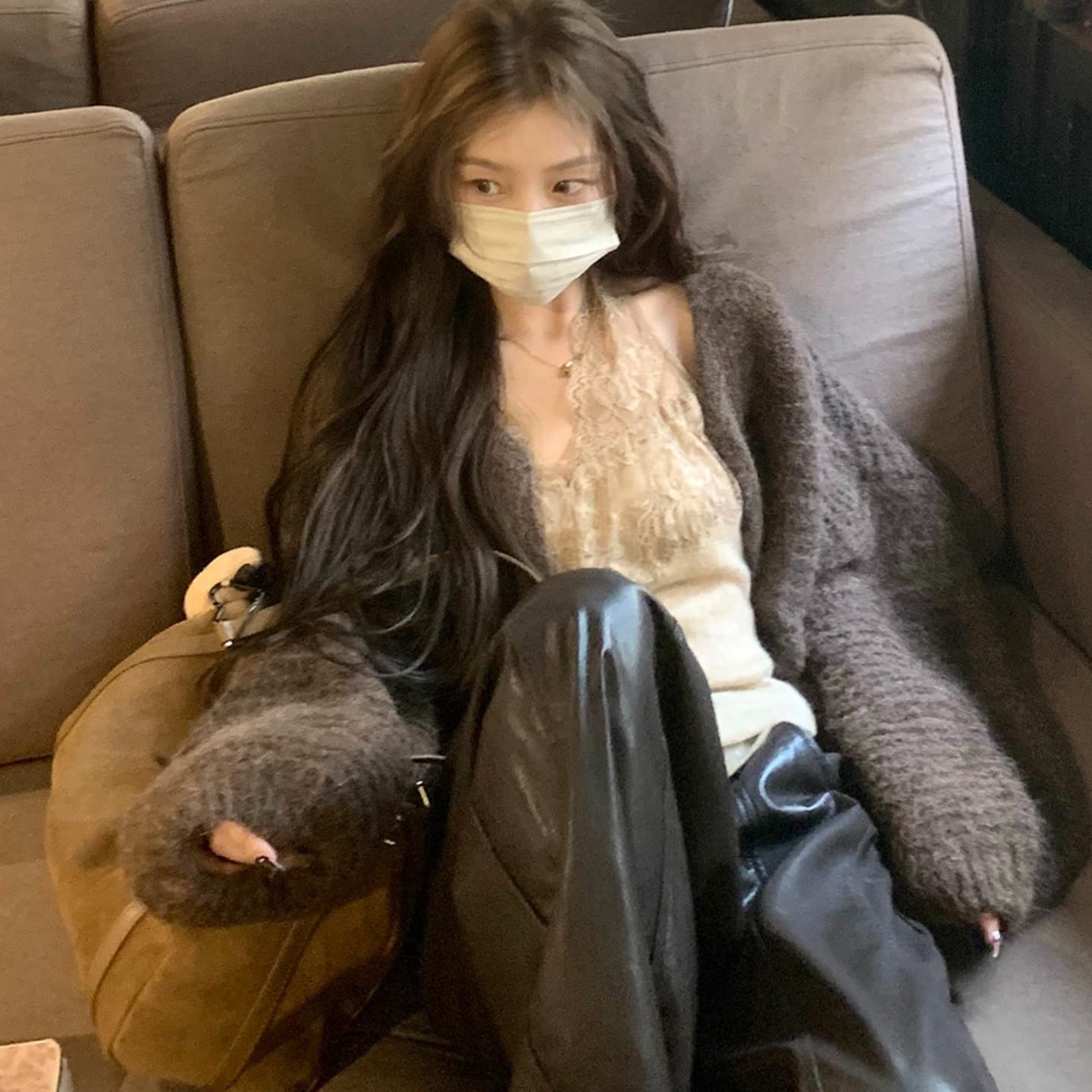 느긋한 플리스 니트 오픈 가디건 여성 루즈핏 대 프로필 모양 부드러운 찹쌀 스웨터 코트 이미지 2