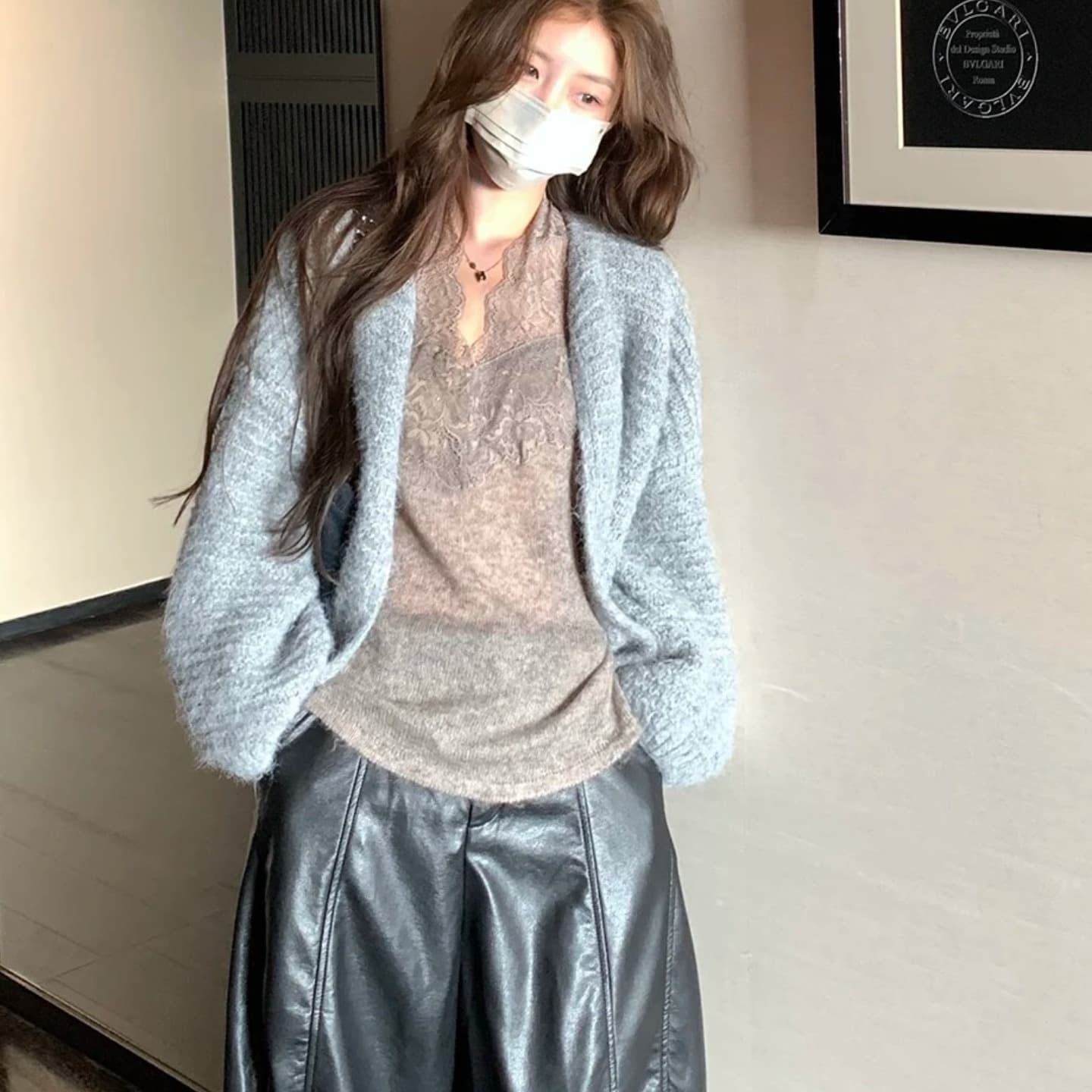 느긋한 플리스 니트 오픈 가디건 여성 루즈핏 대 프로필 모양 부드러운 찹쌀 스웨터 코트 이미지 4