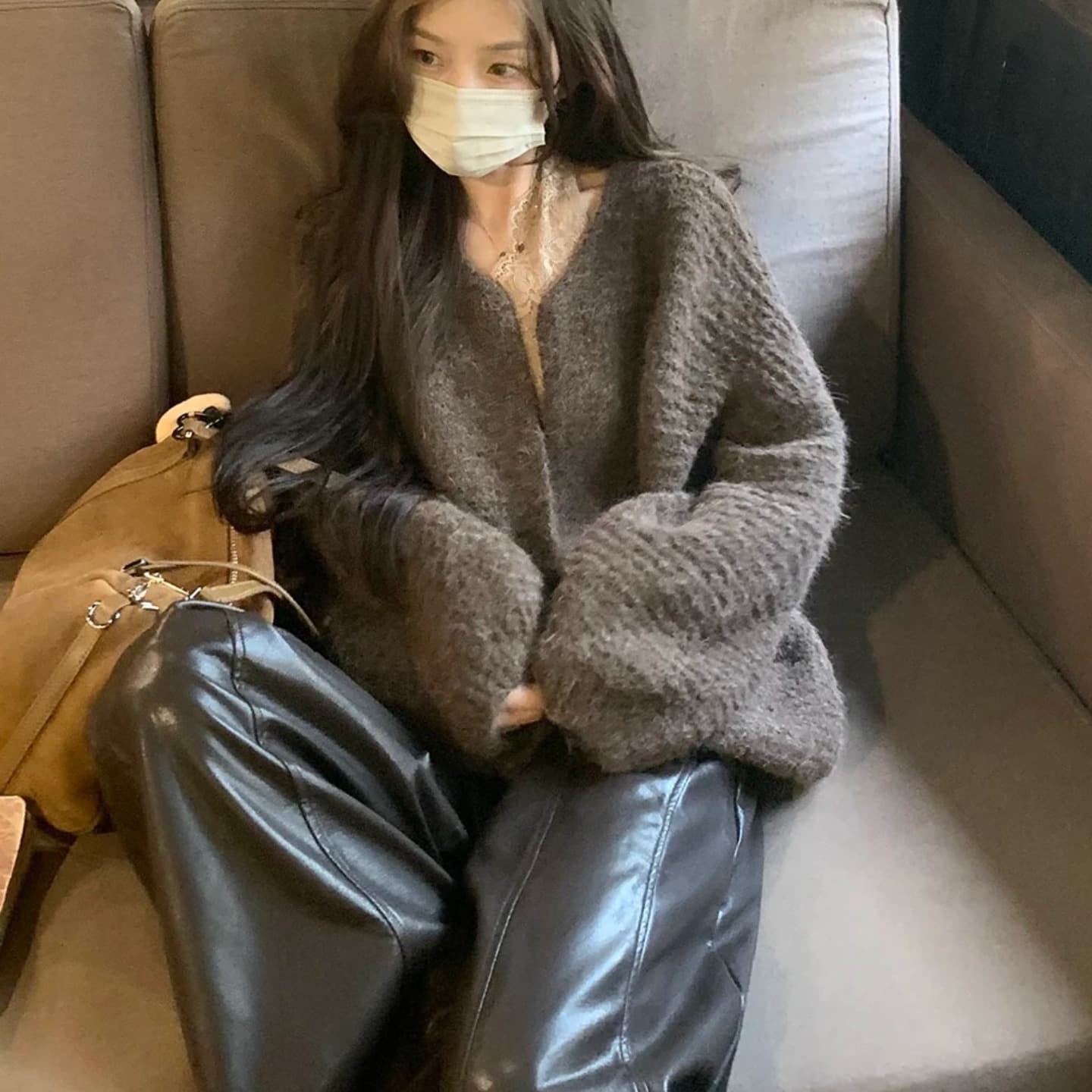 느긋한 플리스 니트 오픈 가디건 여성 루즈핏 대 프로필 모양 부드러운 찹쌀 스웨터 코트 이미지 6
