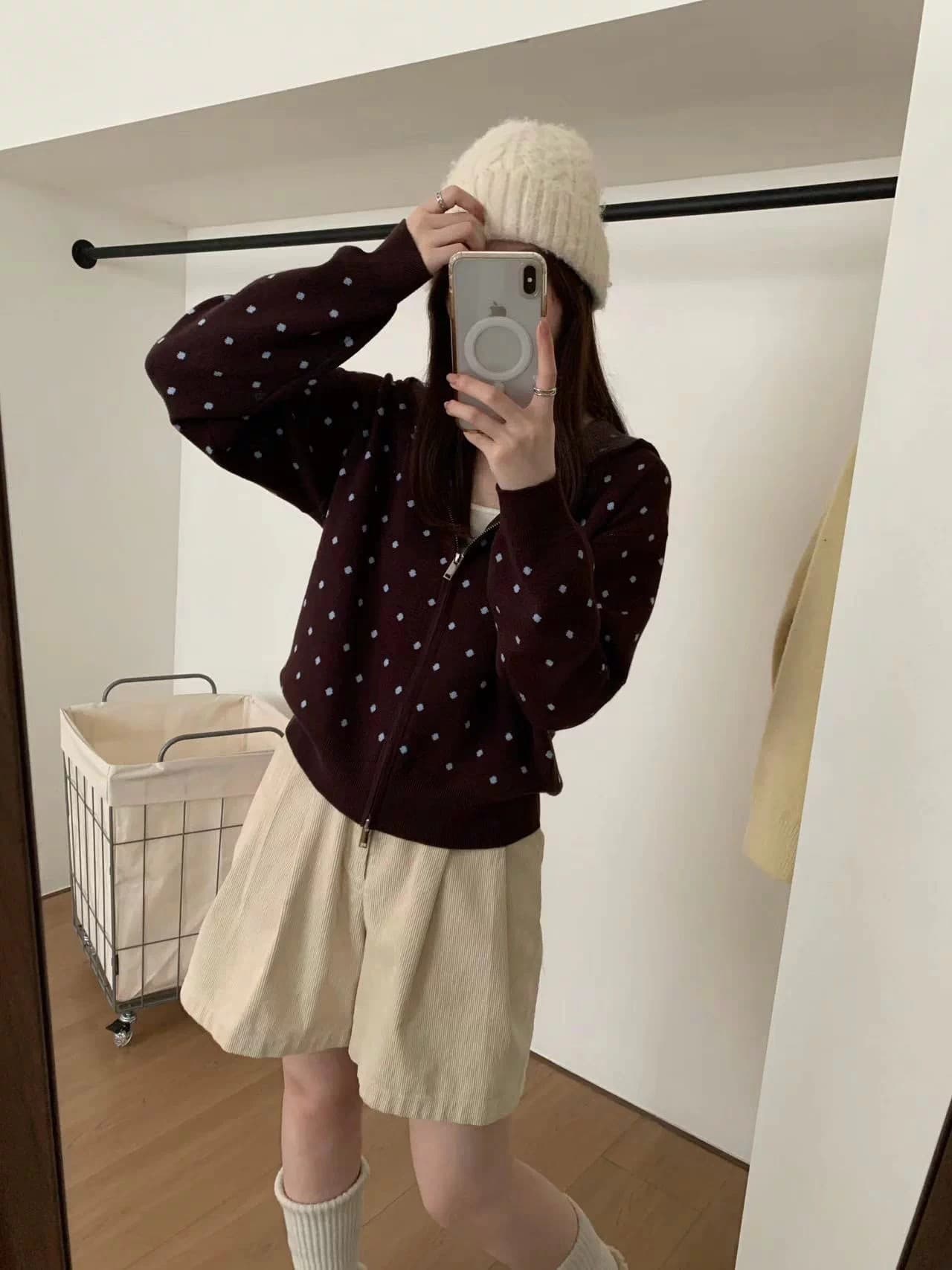 빛 럭셔리 바람 실 짜임 작은 도트 무늬 자카드 후드 니트 스웨터 프로 피부 센스 부드러운 찹쌀 도루 센스 가을 재킷 상세 이미지 4
