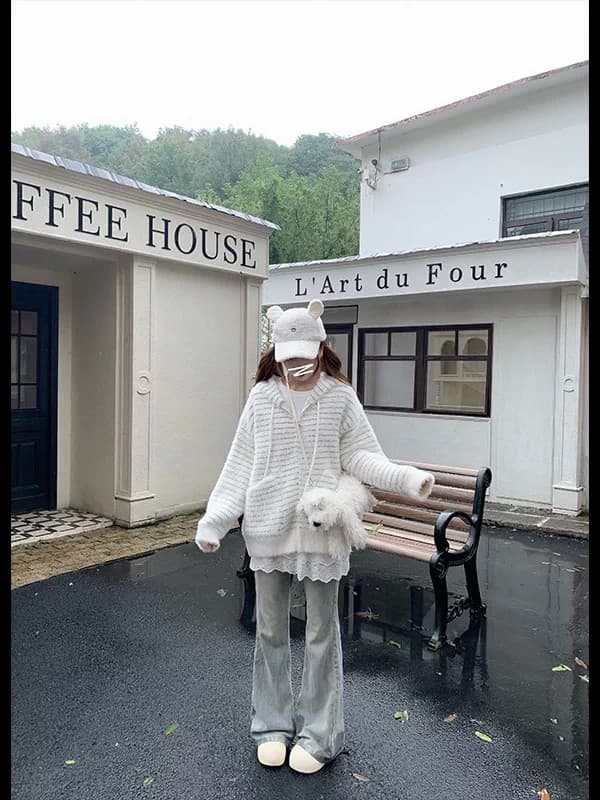 모방 수달 느긋한 바람 후드 스트라이프 스웨터 여자 루즈핏 지퍼 오픈 가디건 가을 겨울철 다용도 긴팔 재킷 맨위 이미지 2