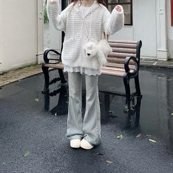 모방 수달 느긋한 바람 후드 스트라이프 스웨터 여자 루즈핏 지퍼 오픈 가디건 가을 겨울철 다용도 긴팔 재킷 맨위 이미지 3
