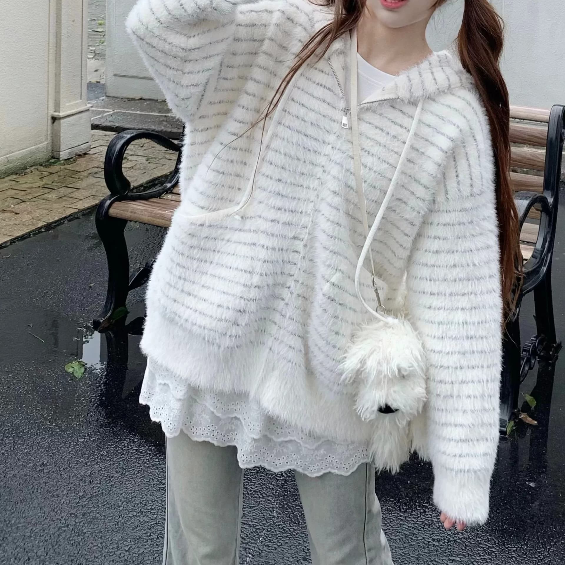 모방 수달 느긋한 바람 후드 스트라이프 스웨터 여자 루즈핏 지퍼 오픈 가디건 가을 겨울철 다용도 긴팔 재킷 맨위 이미지 4