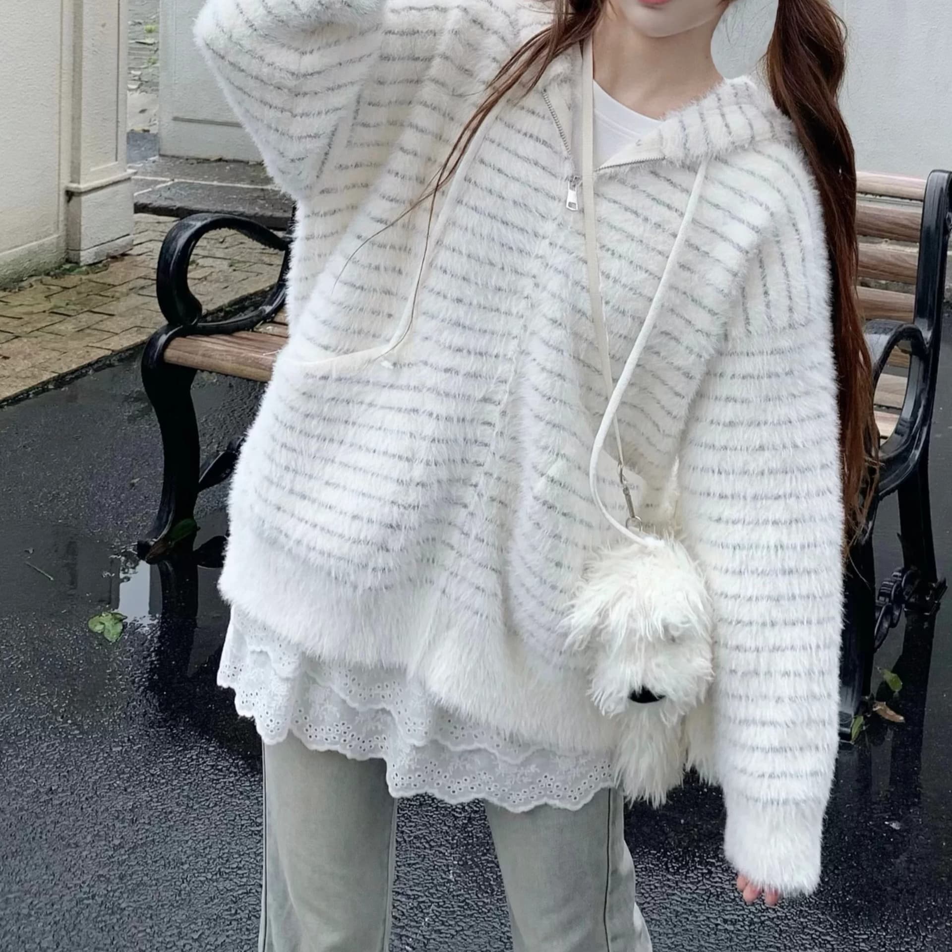 모방 수달 느긋한 바람 후드 스트라이프 스웨터 여자 루즈핏 지퍼 오픈 가디건 가을 겨울철 다용도 긴팔 재킷 맨위 이미지 5
