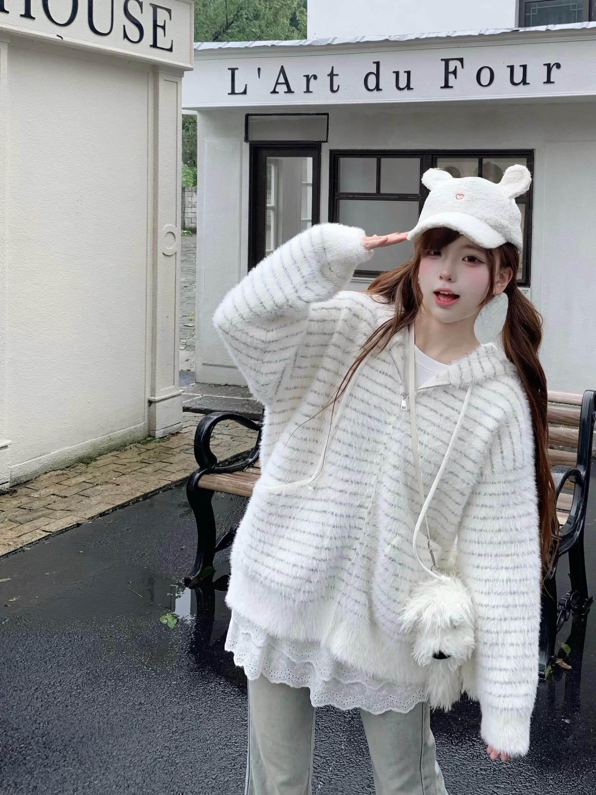 모방 수달 느긋한 바람 후드 스트라이프 스웨터 여자 루즈핏 지퍼 오픈 가디건 가을 겨울철 다용도 긴팔 재킷 맨위 상세 이미지 1