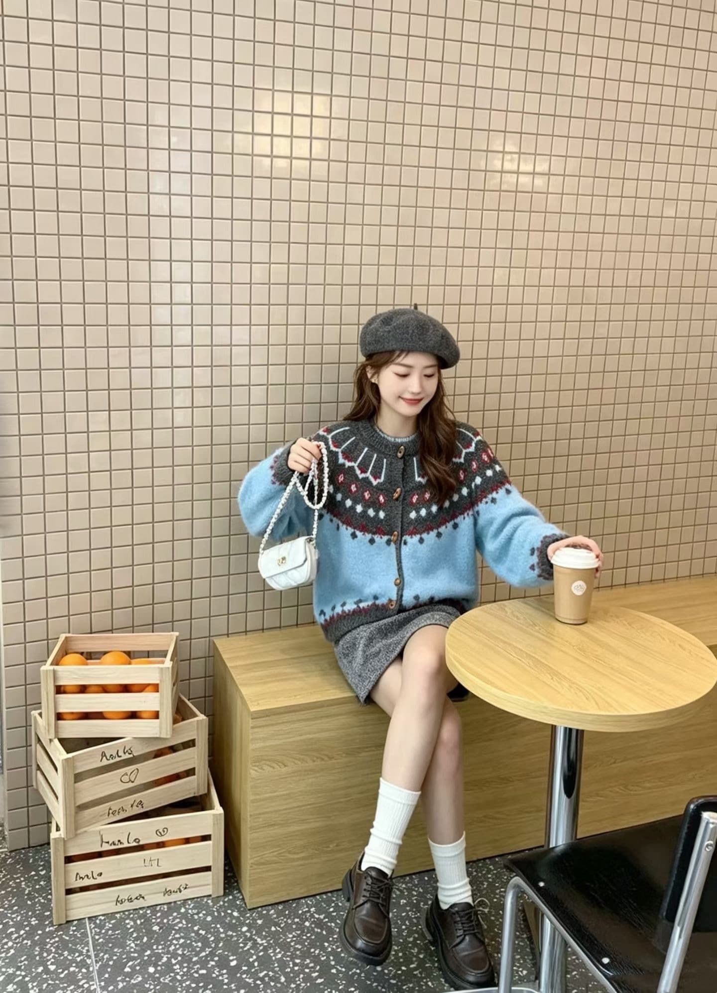 공정한 섬 바람 레트로 후드 니트 오픈 가디건 여성 2026 가을 새로운 소뿔 버클 배색 두꺼운 스웨터 코트 상세 이미지 1