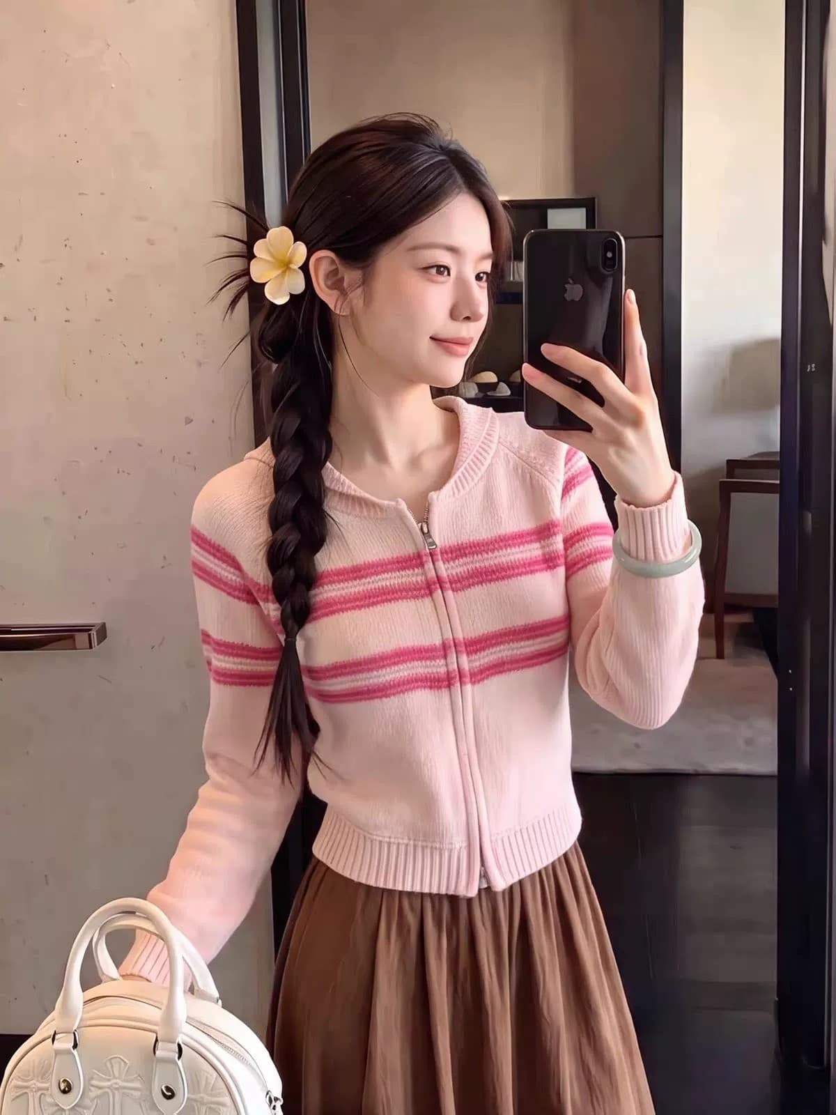 부드러운 바람 핑크색 스트라이프 작은 폴로 칼라 지퍼 니트 여성 코트 가을 새로운 스택 착용 루즈핏 슬림해 보이는 긴팔 맨위 이미지 4