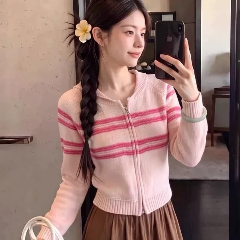 부드러운 바람 핑크색 스트라이프 작은 폴로 칼라 지퍼 니트 여성 코트 가을 새로운 스택 착용 루즈핏 슬림해 보이는 긴팔 맨위 이미지 5