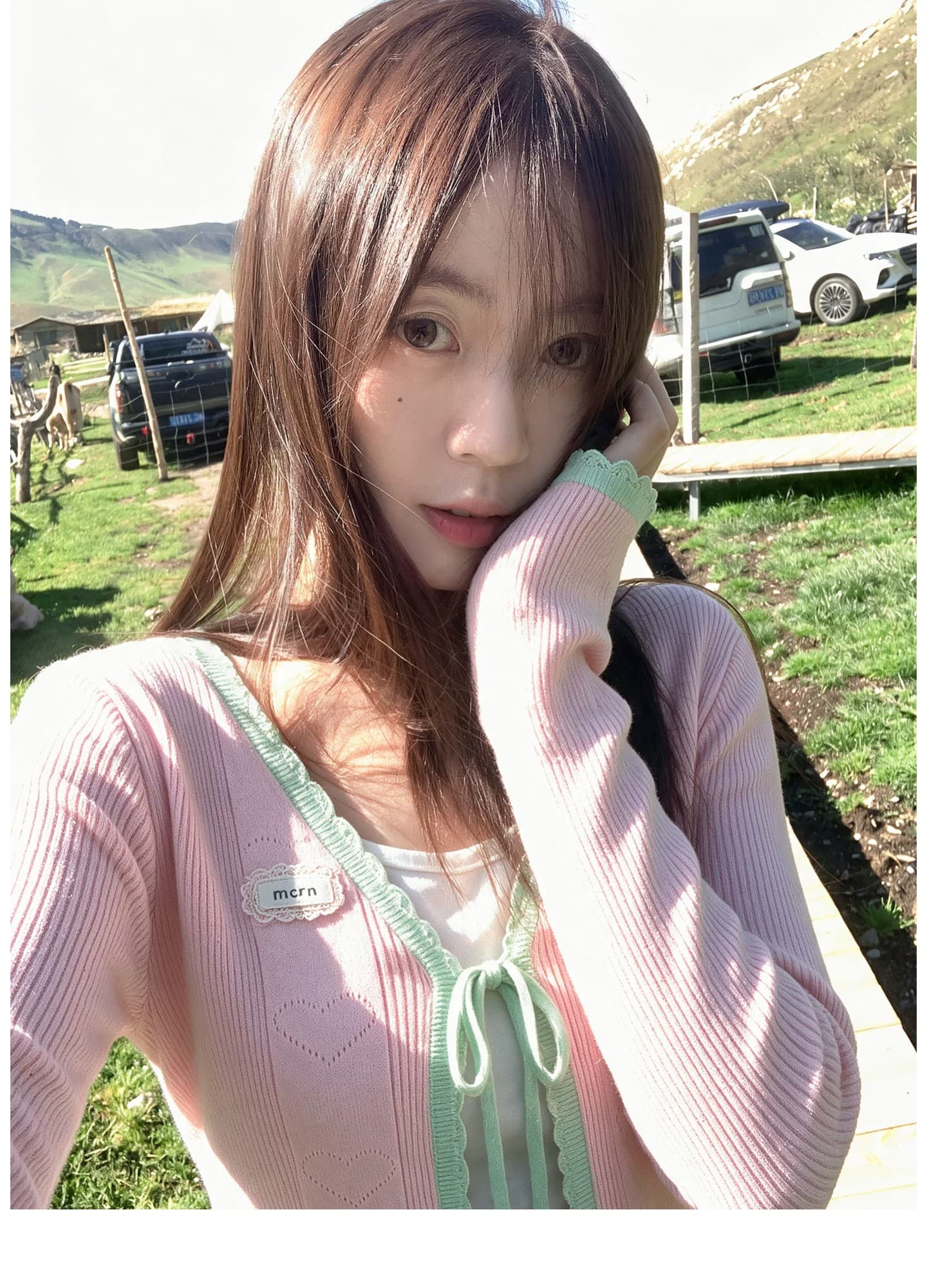 달콤함 레이스업 니트 오픈 가디건 여성 가을 몸매 가꾸기 슬림해 보이는 V넥 긴팔 배색 부드러운 품격 오픈 가디건 상세 이미지 6
