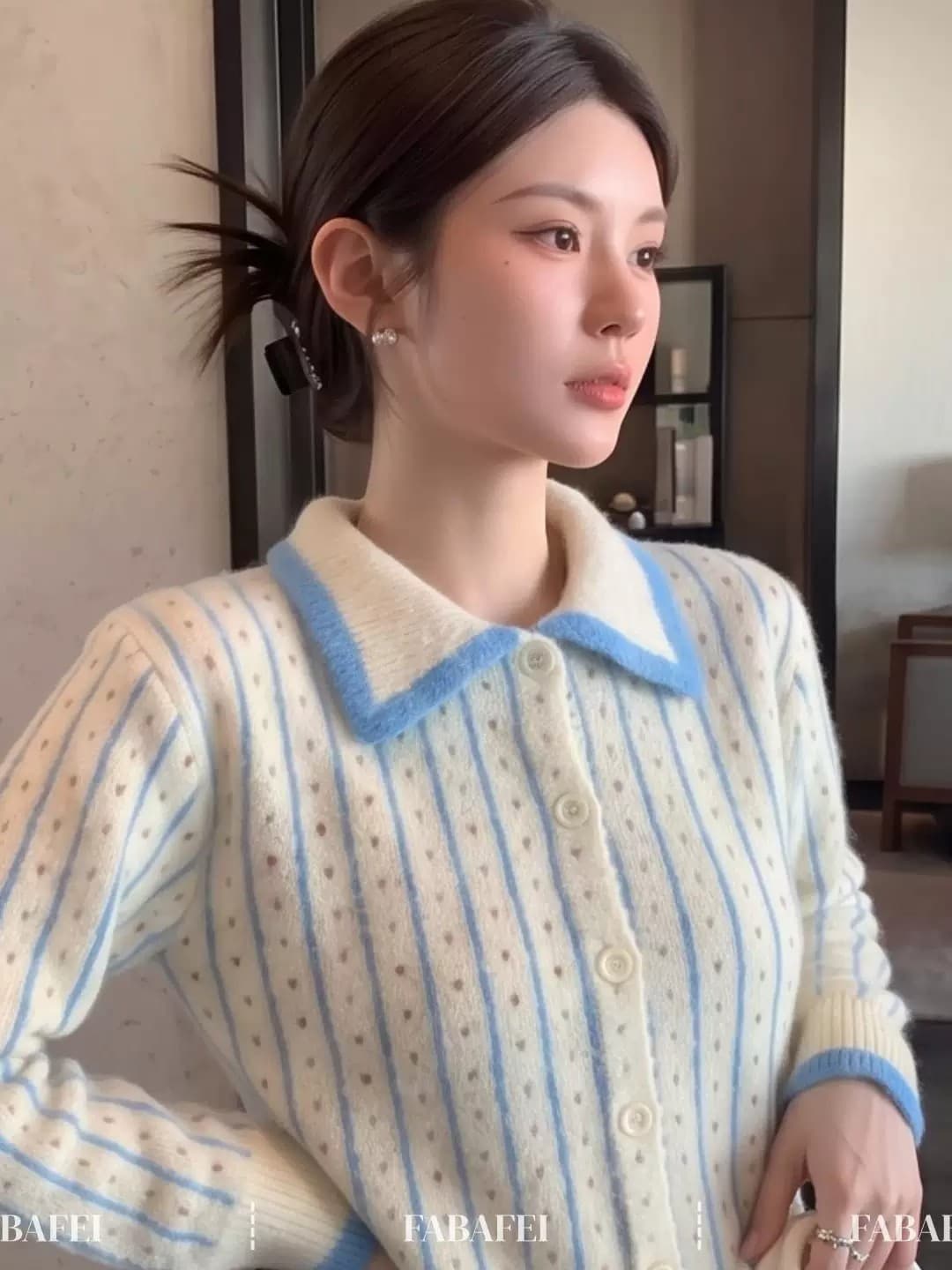 한 부서 배색 폴로 칼라 긴팔 니트 스웨터 여성 가을 섹션 부드러운 찹쌀 하트 도트 무늬 스웨터 오픈 가디건 슬림해 보이는 짧은 외투 이미지 2
