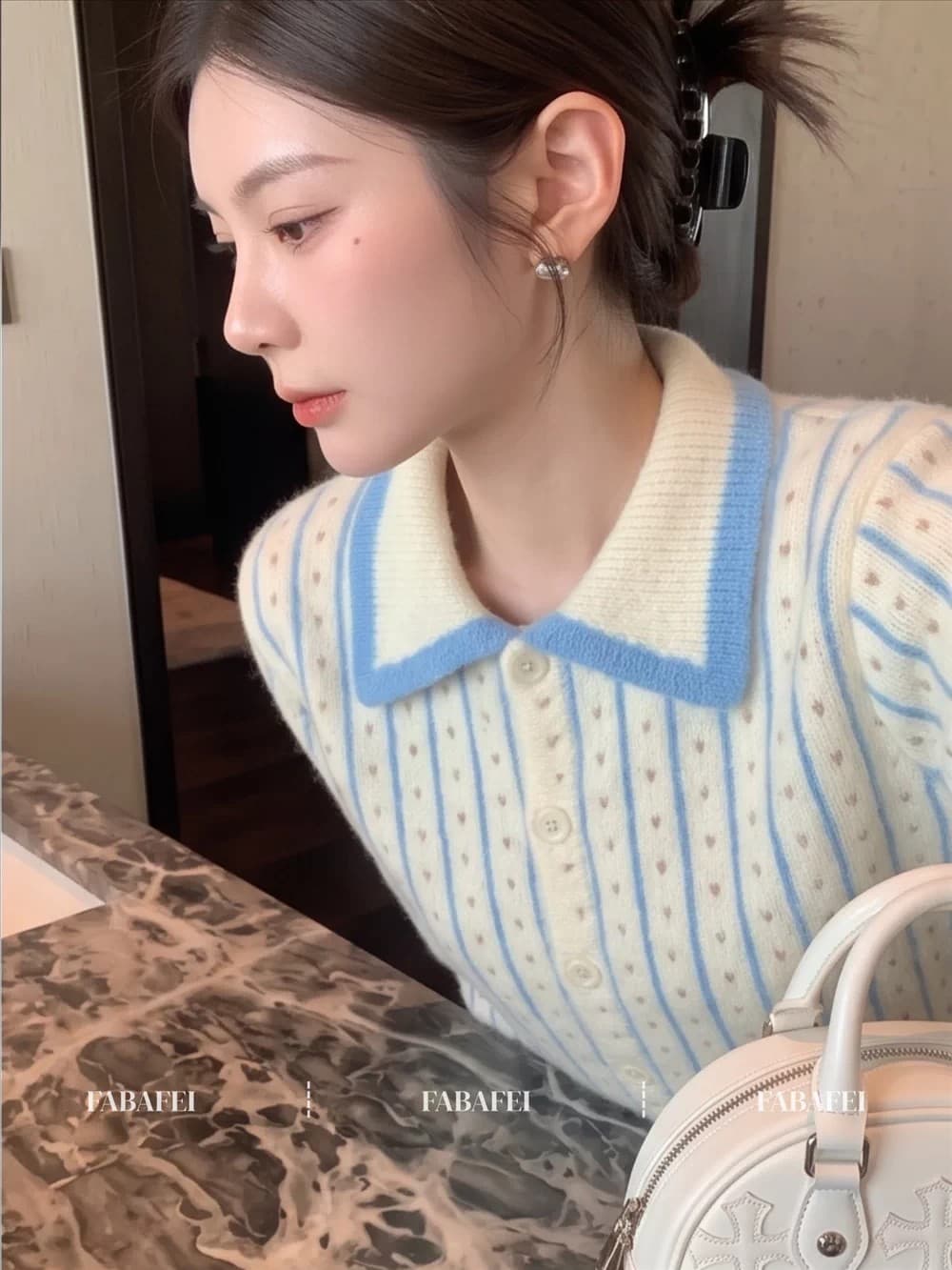 한 부서 배색 폴로 칼라 긴팔 니트 스웨터 여성 가을 섹션 부드러운 찹쌀 하트 도트 무늬 스웨터 오픈 가디건 슬림해 보이는 짧은 외투 상세 이미지 3