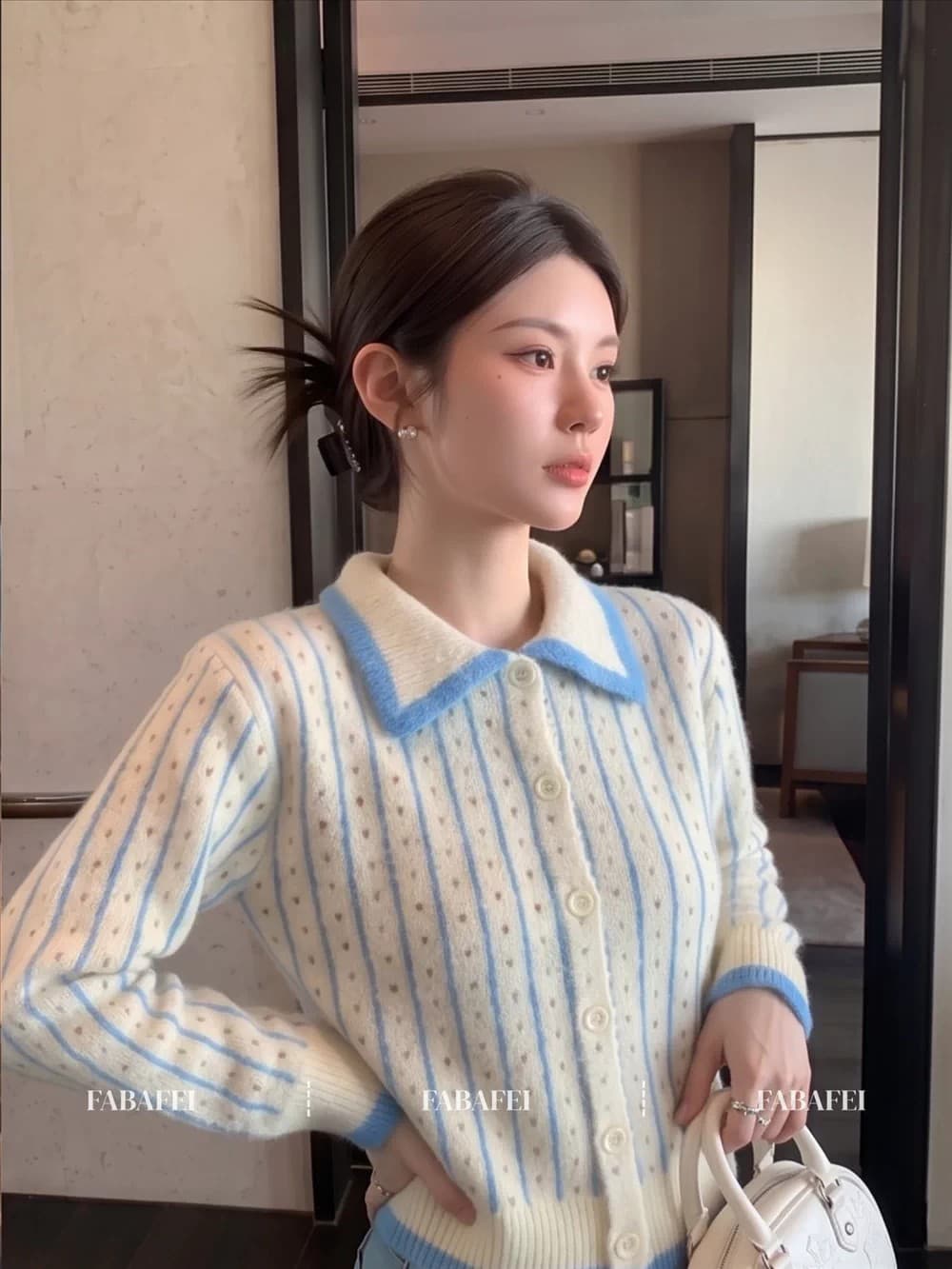 한 부서 배색 폴로 칼라 긴팔 니트 스웨터 여성 가을 섹션 부드러운 찹쌀 하트 도트 무늬 스웨터 오픈 가디건 슬림해 보이는 짧은 외투 상세 이미지 4