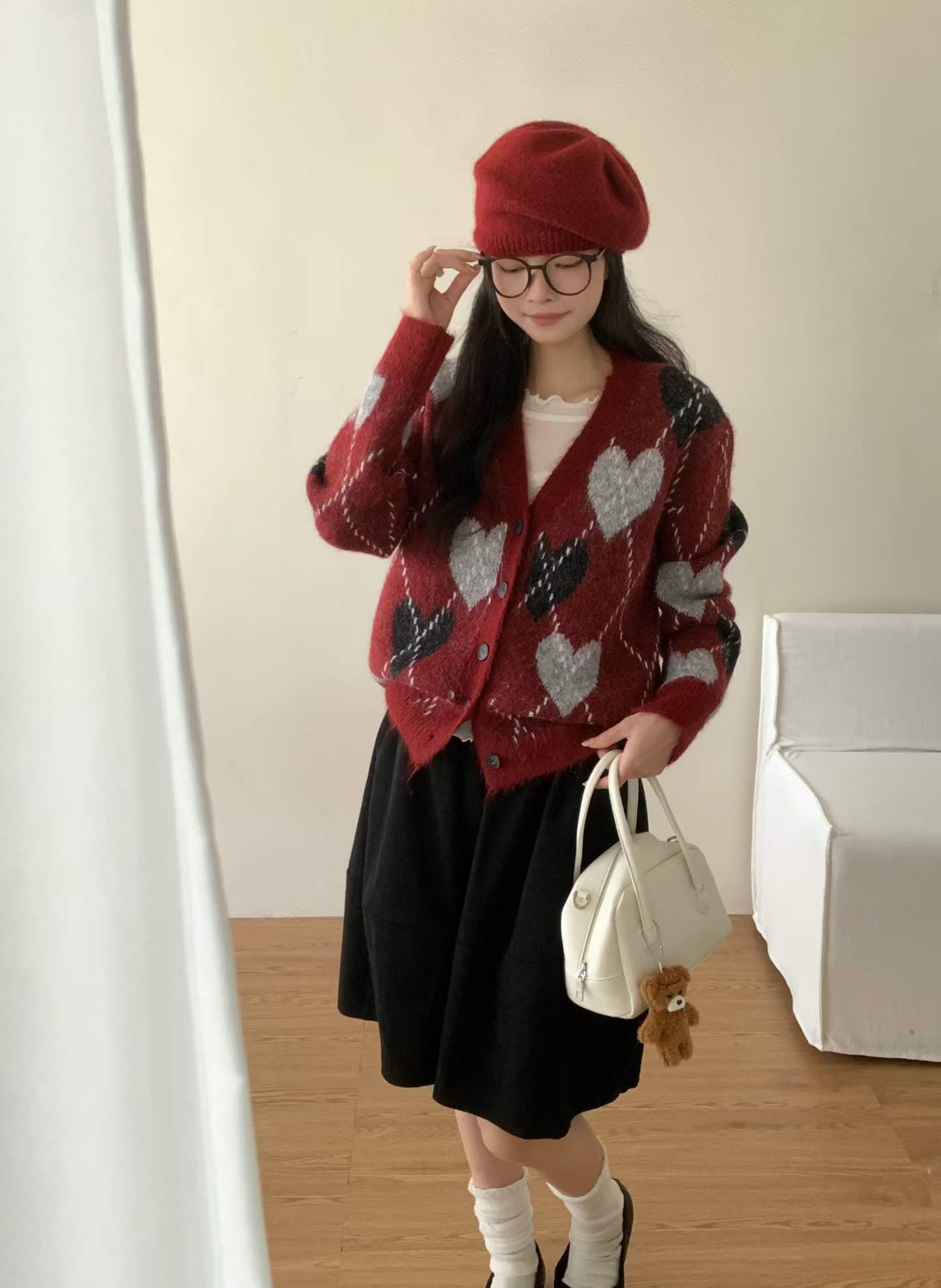 봄 가을 신제품 한국 스타일 레트로 외국 가스 다이아몬드 모양 하트 자카드 V넥 니트 스웨터 오픈 가디건 스웨터 여성 코트
