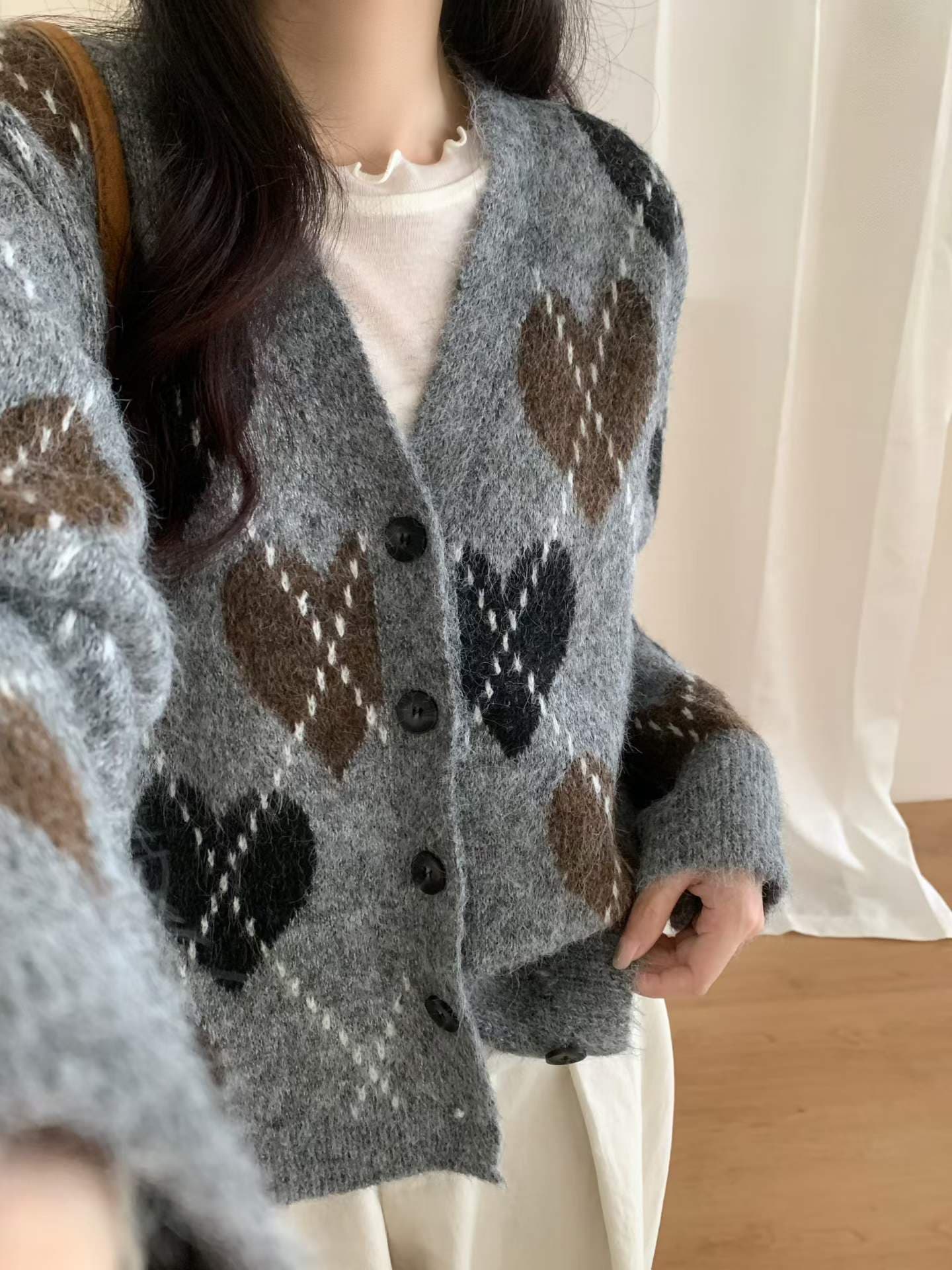 봄 가을 신제품 한국 스타일 레트로 외국 가스 다이아몬드 모양 하트 자카드 V넥 니트 스웨터 오픈 가디건 스웨터 여성 코트 상세 이미지 1