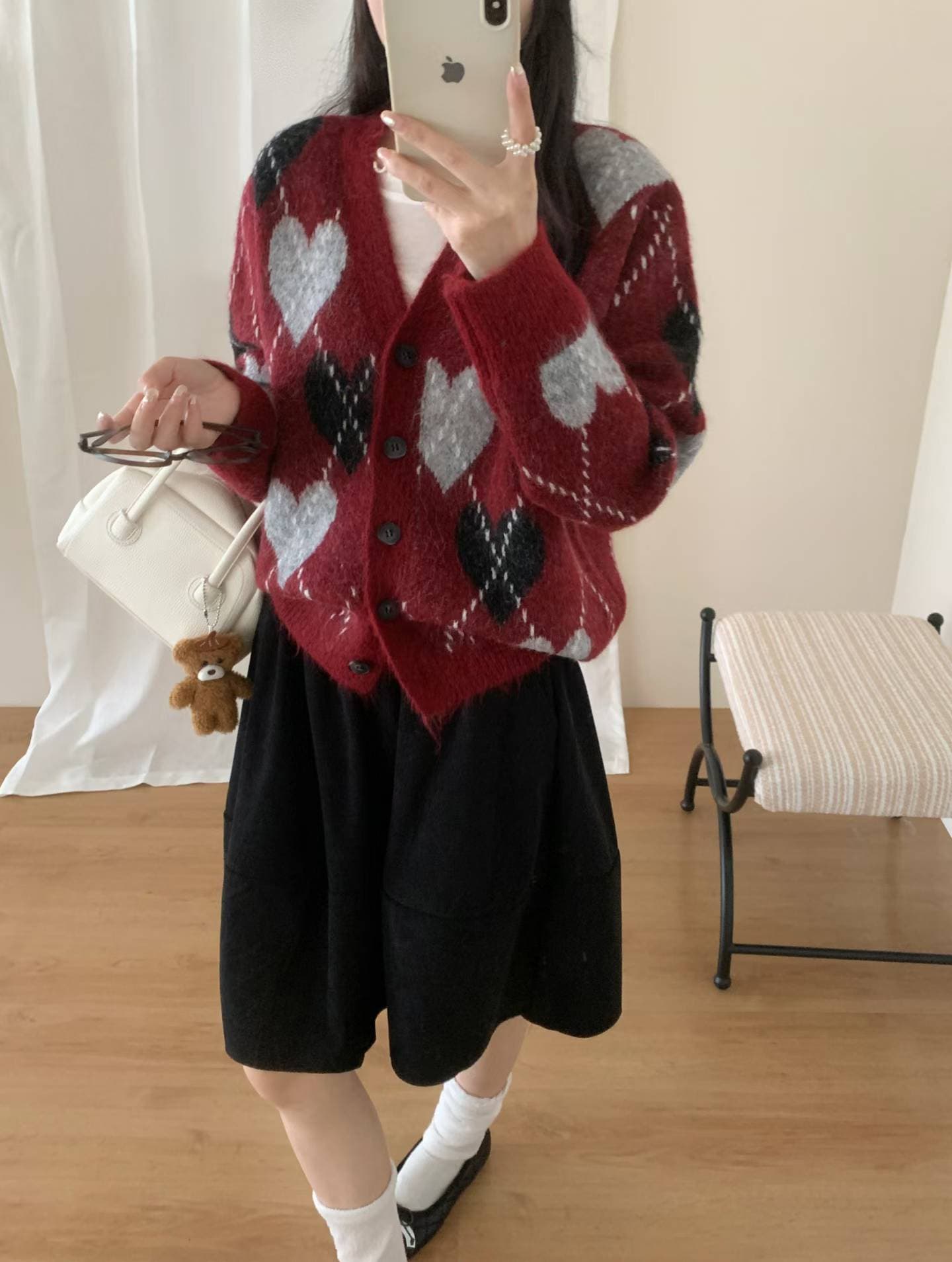 봄 가을 신제품 한국 스타일 레트로 외국 가스 다이아몬드 모양 하트 자카드 V넥 니트 스웨터 오픈 가디건 스웨터 여성 코트 상세 이미지 6