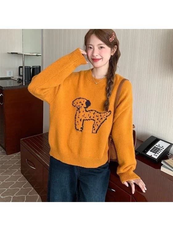한국 스타일 라운드 넥 연령 감소 자카드 강아지 주황색 스웨터 이른 봄 새로운 루즈핏 풀오버 얇은 스타일 니트 스웨터 맨위