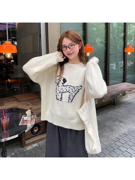 한국 스타일 라운드 넥 연령 감소 자카드 강아지 주황색 스웨터 이른 봄 새로운 루즈핏 풀오버 얇은 스타일 니트 스웨터 맨위 이미지 2