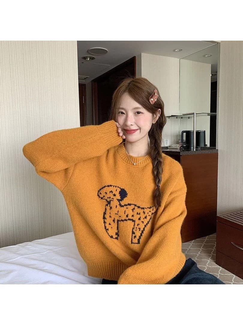 한국 스타일 라운드 넥 연령 감소 자카드 강아지 주황색 스웨터 이른 봄 새로운 루즈핏 풀오버 얇은 스타일 니트 스웨터 맨위 이미지 3