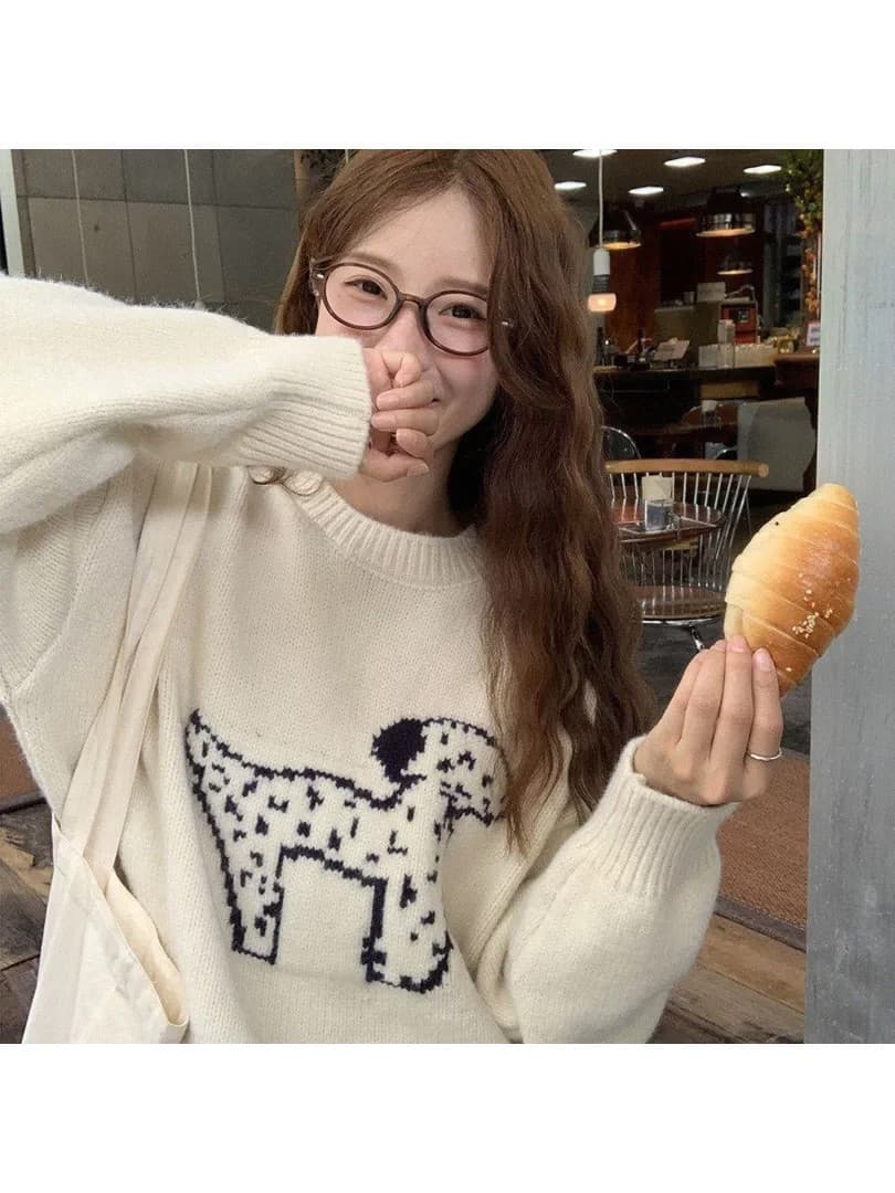 한국 스타일 라운드 넥 연령 감소 자카드 강아지 주황색 스웨터 이른 봄 새로운 루즈핏 풀오버 얇은 스타일 니트 스웨터 맨위 이미지 4