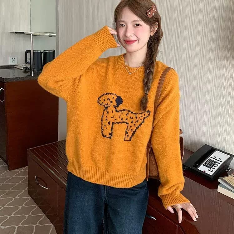 한국 스타일 라운드 넥 연령 감소 자카드 강아지 주황색 스웨터 이른 봄 새로운 루즈핏 풀오버 얇은 스타일 니트 스웨터 맨위 상세 이미지 2