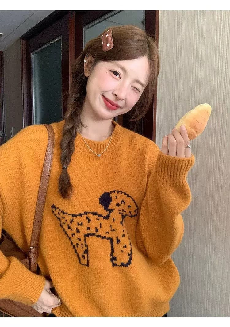 한국 스타일 라운드 넥 연령 감소 자카드 강아지 주황색 스웨터 이른 봄 새로운 루즈핏 풀오버 얇은 스타일 니트 스웨터 맨위 상세 이미지 3