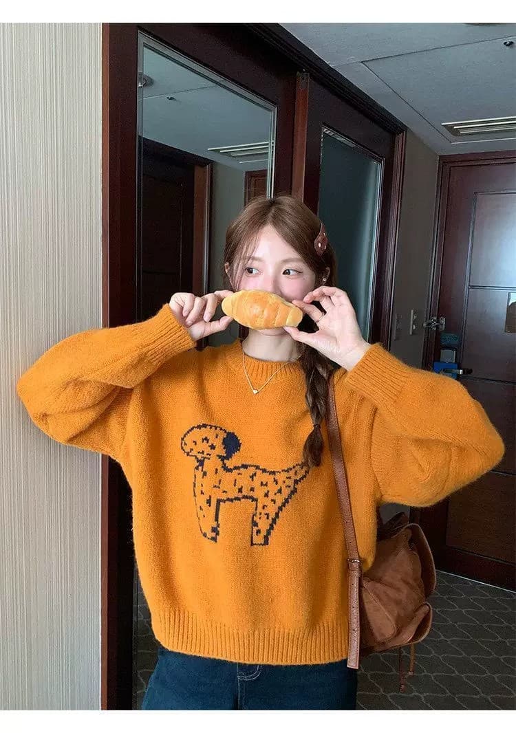 한국 스타일 라운드 넥 연령 감소 자카드 강아지 주황색 스웨터 이른 봄 새로운 루즈핏 풀오버 얇은 스타일 니트 스웨터 맨위 상세 이미지 4