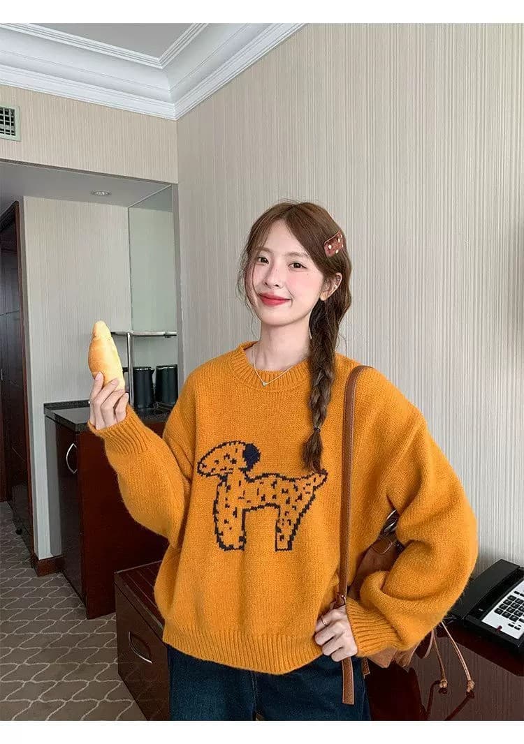 한국 스타일 라운드 넥 연령 감소 자카드 강아지 주황색 스웨터 이른 봄 새로운 루즈핏 풀오버 얇은 스타일 니트 스웨터 맨위 상세 이미지 5