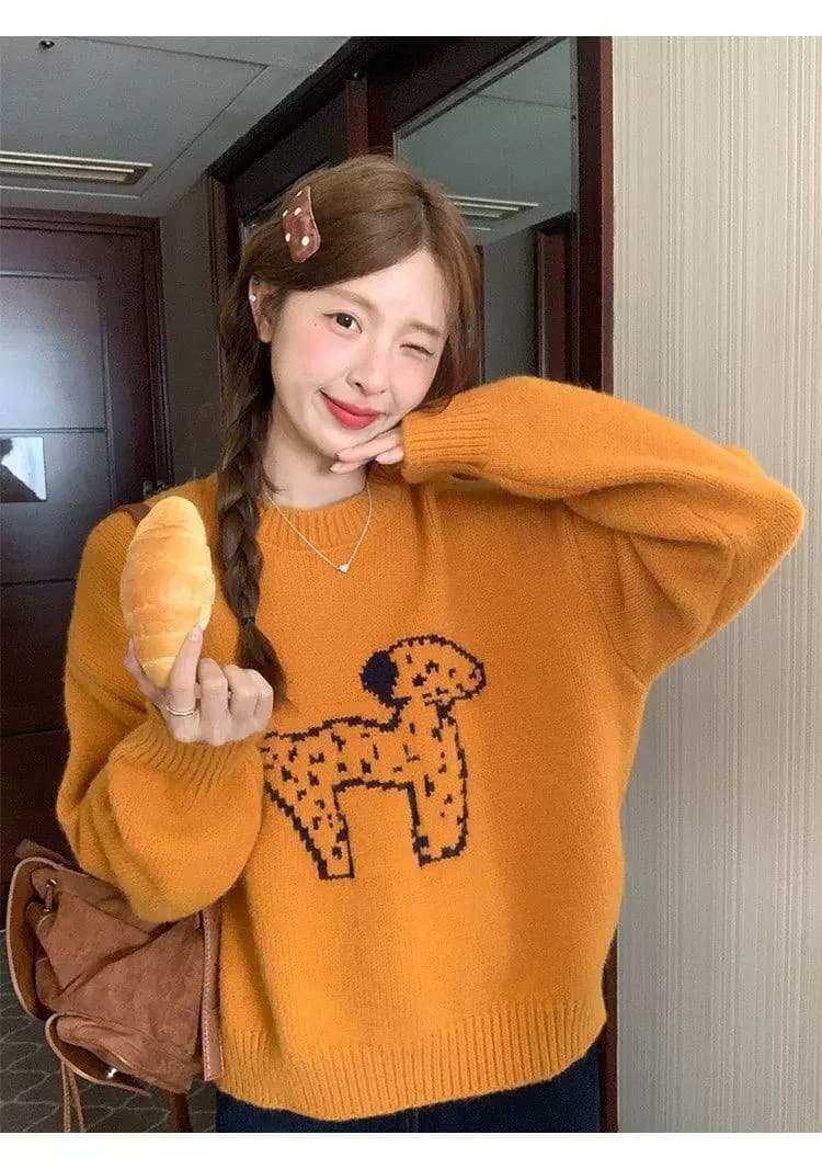 한국 스타일 라운드 넥 연령 감소 자카드 강아지 주황색 스웨터 이른 봄 새로운 루즈핏 풀오버 얇은 스타일 니트 스웨터 맨위 상세 이미지 8